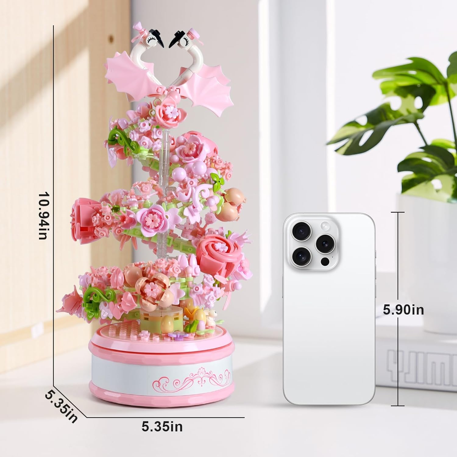 Flowers Music Box Building Block Kit with Light-713PCS Decoration Rotating Music Box Building Set,Botanical Collection Mother's Day, Valentine and Birthday Gifts for Girls Boys Adults Kids Ages 6+