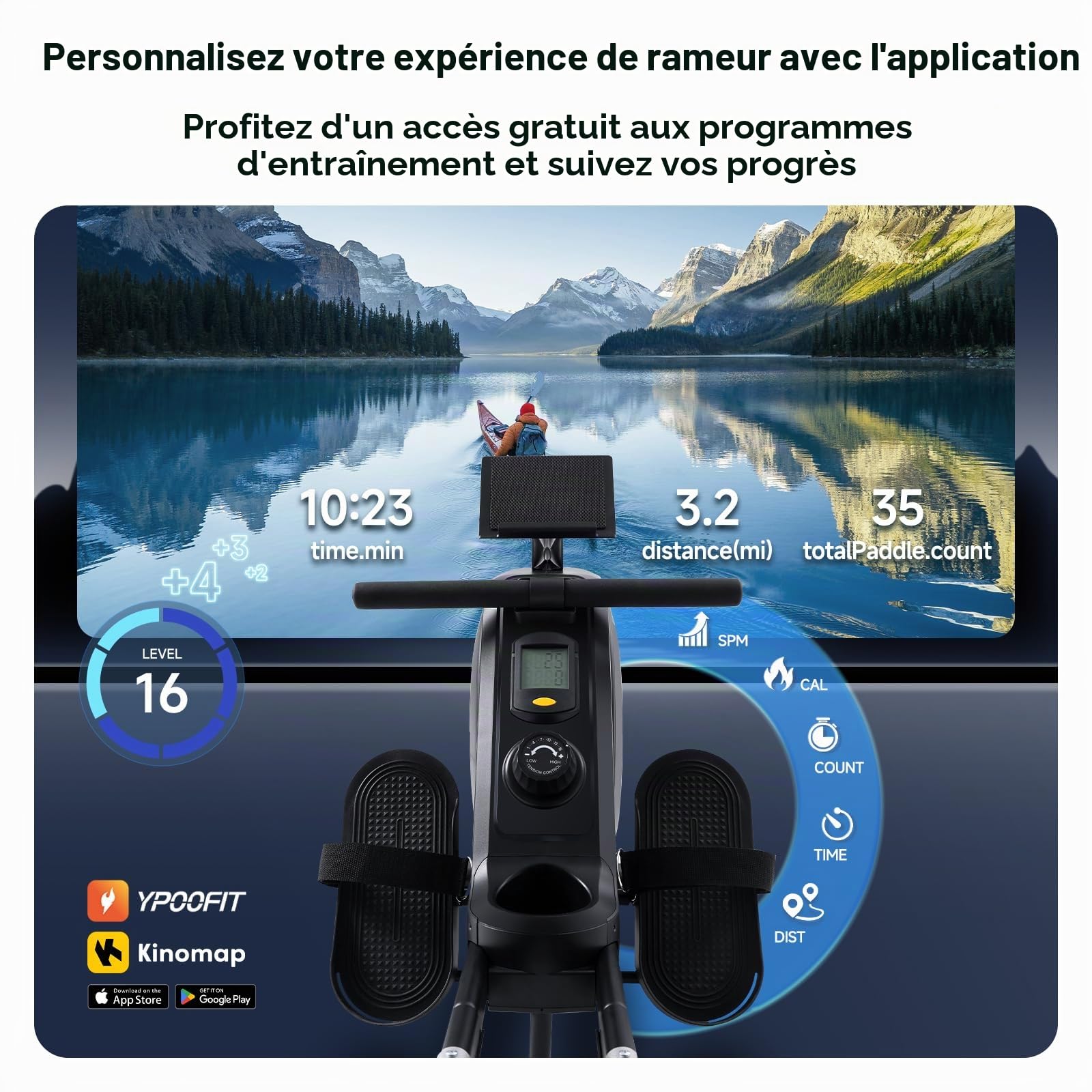 YPOO Rameur Pliable Appartement, Magnétique Rameur Musculation avec 16 Niveaux de Résistance, Rowing Machine Rails Doubles Améliorés, Silencieux, APP& Écran LCD,Capacité Max160KG, Rangement Vertical