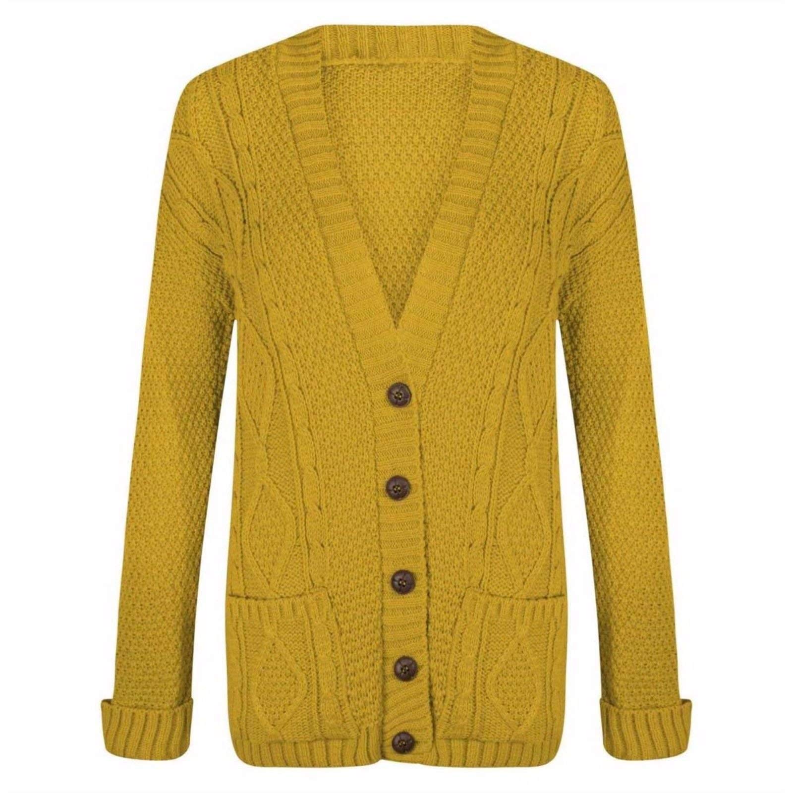 Wearall Women's Mustard Cable Knitted Button Cardigan Long Sleeve Boyfriend Top - 16-18