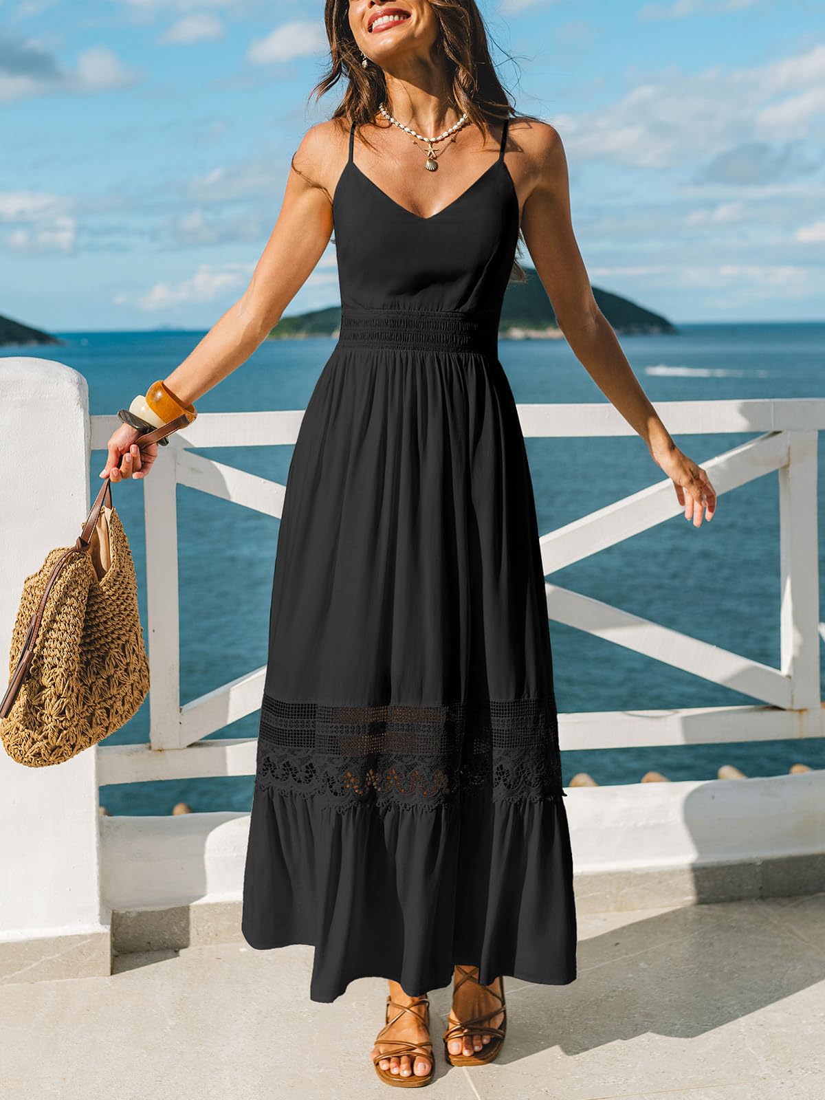 CUPSHE Abito estivo da donna con spalline sottili, in pizzo, senza maniche, stile bohémien