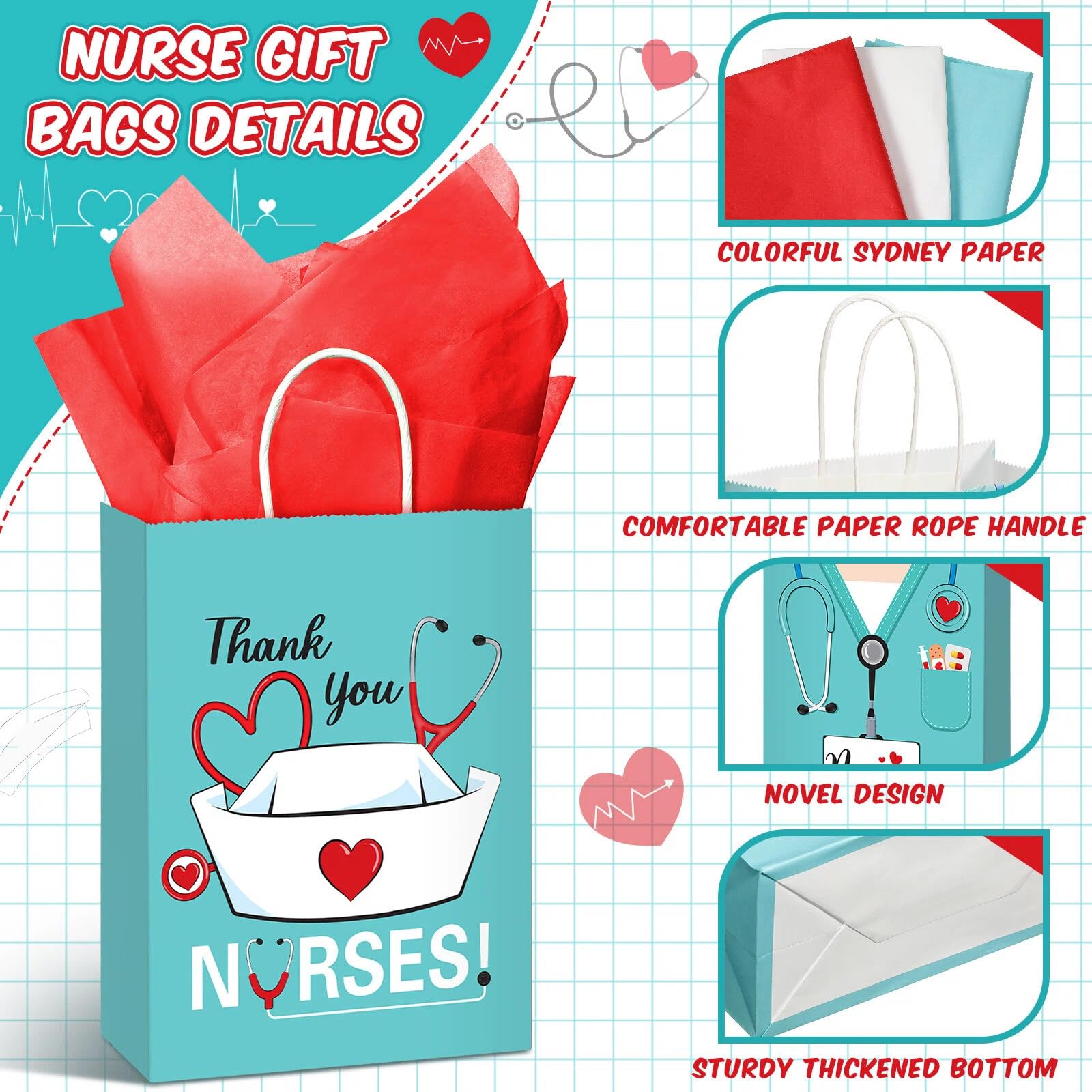 Sabary 24 Pcs Nurse Gift Bags 9 x 7 Inch, Nursing Graduation Party Thank You Nurse Paper Goodie Bags with Tissue Paper Decor for Medical Themed Birthday RN Nursing Graduation Party Favor Supplies