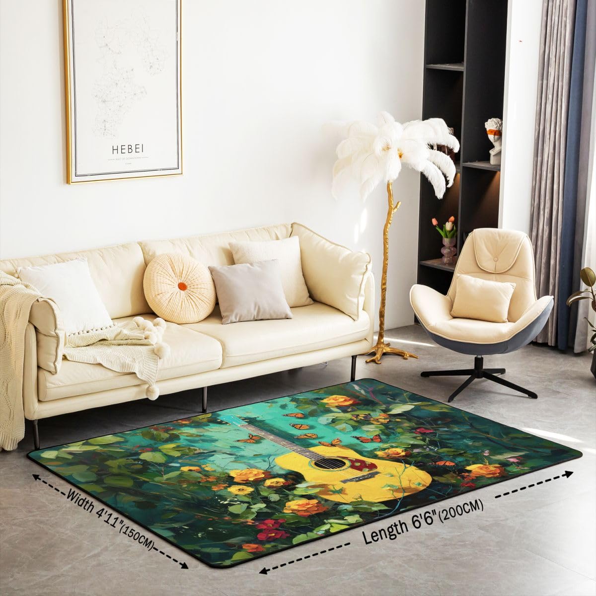 Homewish Tappeto con chitarra musicale, 100 x 150 cm, per camera da letto | Tappeto con motivo floreale e chitarra, per soggiorno, tema musica rock, non perde pelo, verde, stile vintage
