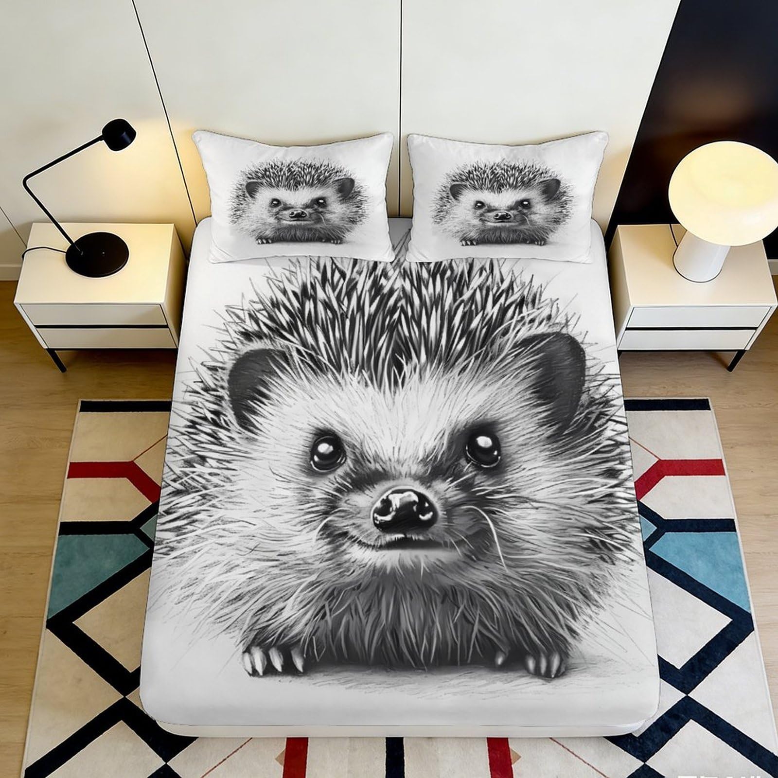 3D Printed Hedgehog Animal Fitted Sheet Microfiber Black White Cartoon Mattress Cover for Bedroom Guest Room Decor 200x200x25cm