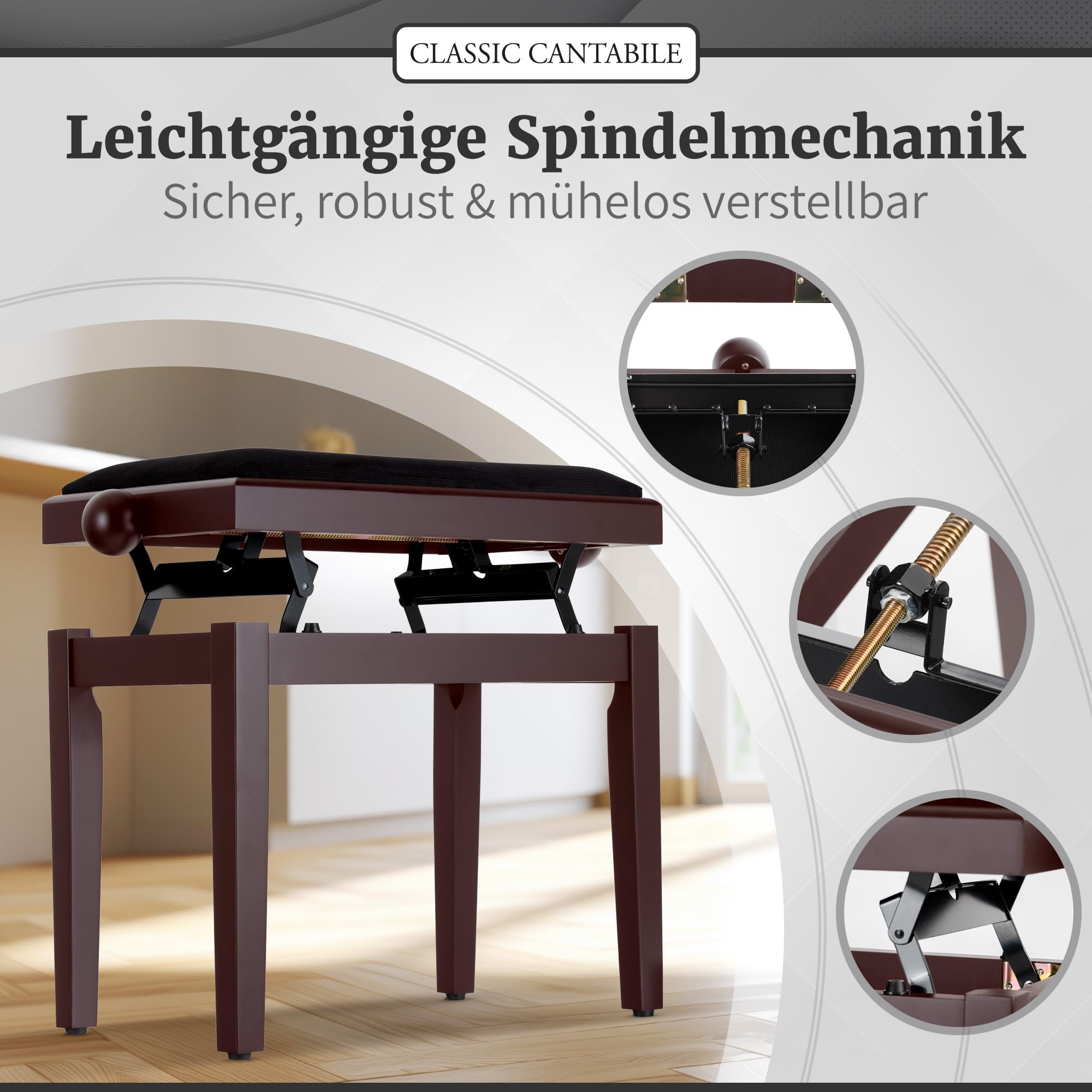 Classic Cantabile Pianobank Rosenholz-matt (höhenverstellbar von 47-56cm, Spindelmechanik, Sitzfläche 55 x 32cm, schwarzer Velourbezug, stabil)