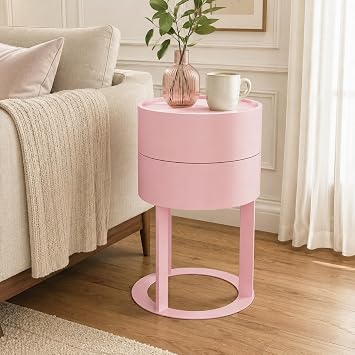 Round End Table with Storage, Rotating Nightstand, Pink