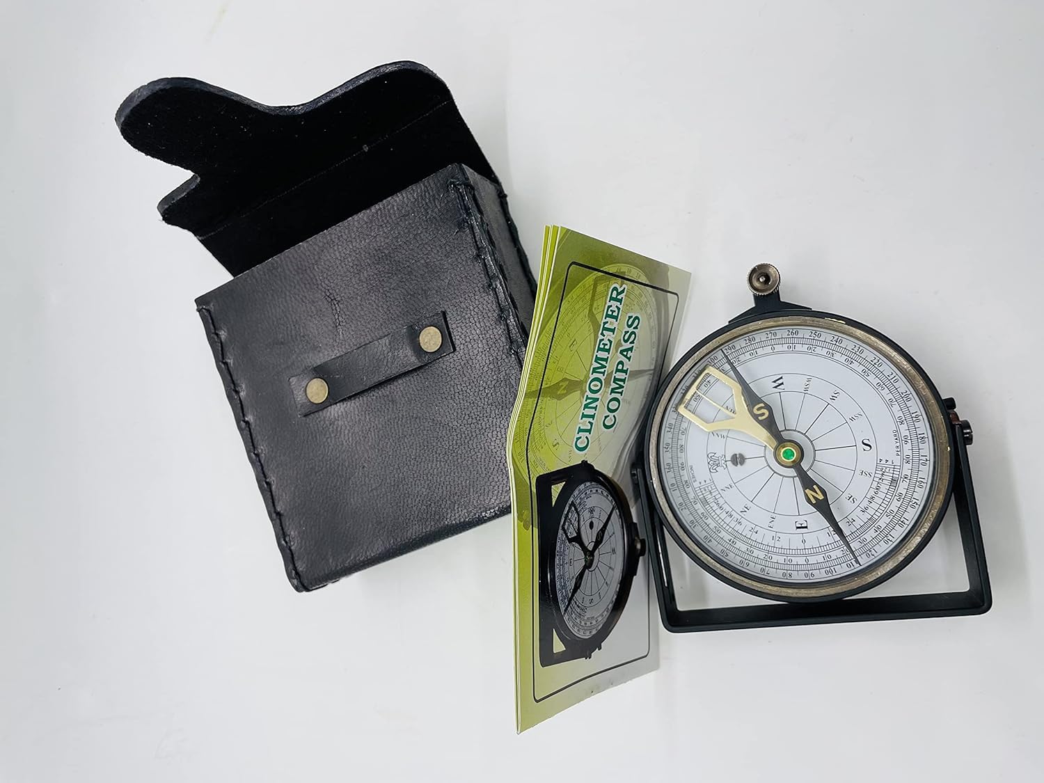 Brass Clinometer Handle Compass Fully Working for Hiking, Outdoor, Pocket Compass with Leather Case Maritime Brass Compass A Great Gift Item 1