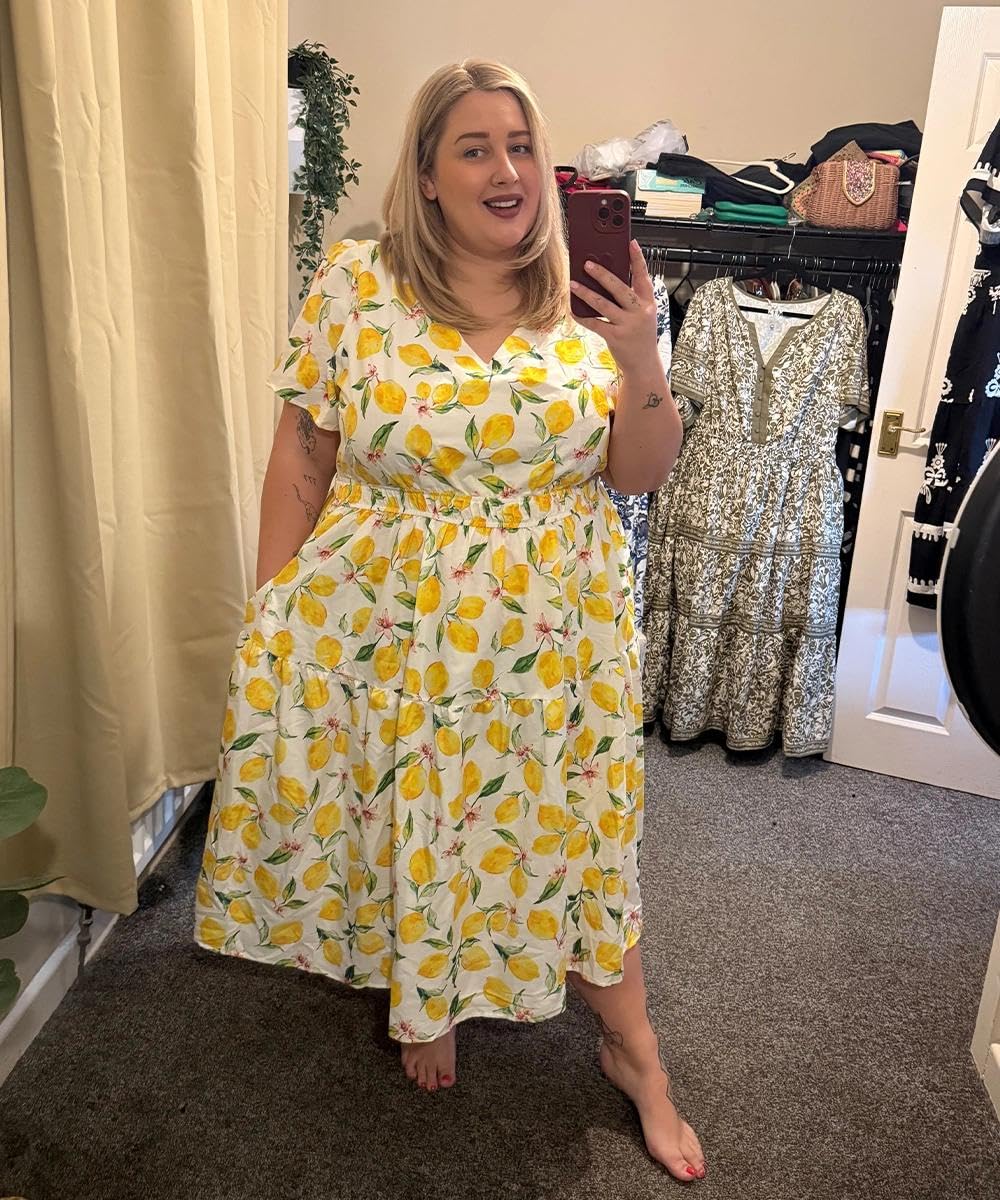 RITERA Kleid in Übergröße, für kurvige Frauen, V-Ausschnitt, kurzärmelig, langes Sommerkleid, gesmokt, Strand, Urlaub, Hochzeit, Böse, Größe XL - 5XL