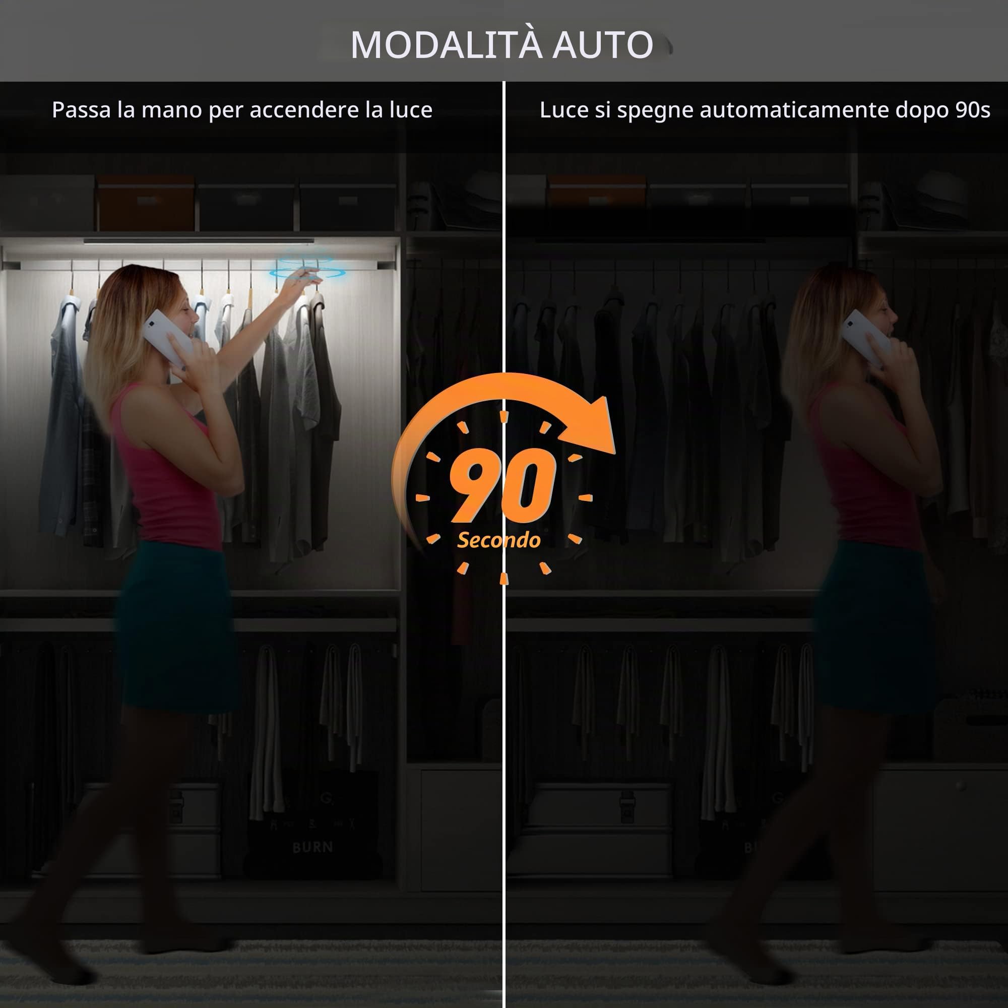 60cm Luce LED Sottopensile con Sensore Movimento a Mano,Barra Luminosa Ricaricabile USB 4500mAh 3Colori Dimmerabile,LED Magnetica Funzione Memoria Senza Fili per Cucina,Armadio,Bagno