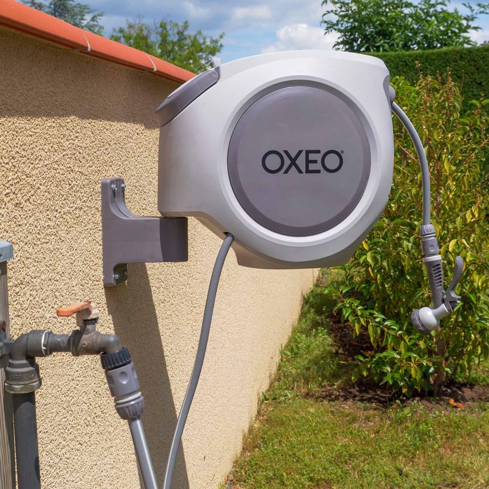 Oxeo - Dévidoir mural automatique 35m - Arrosage enrouleur automatique - Pivotement 180° - Pistolet 8 fonctions - Noir | Pivotement 180°, Pistolet Arrosage Inclus, Raccord Tuyau, Support Mural