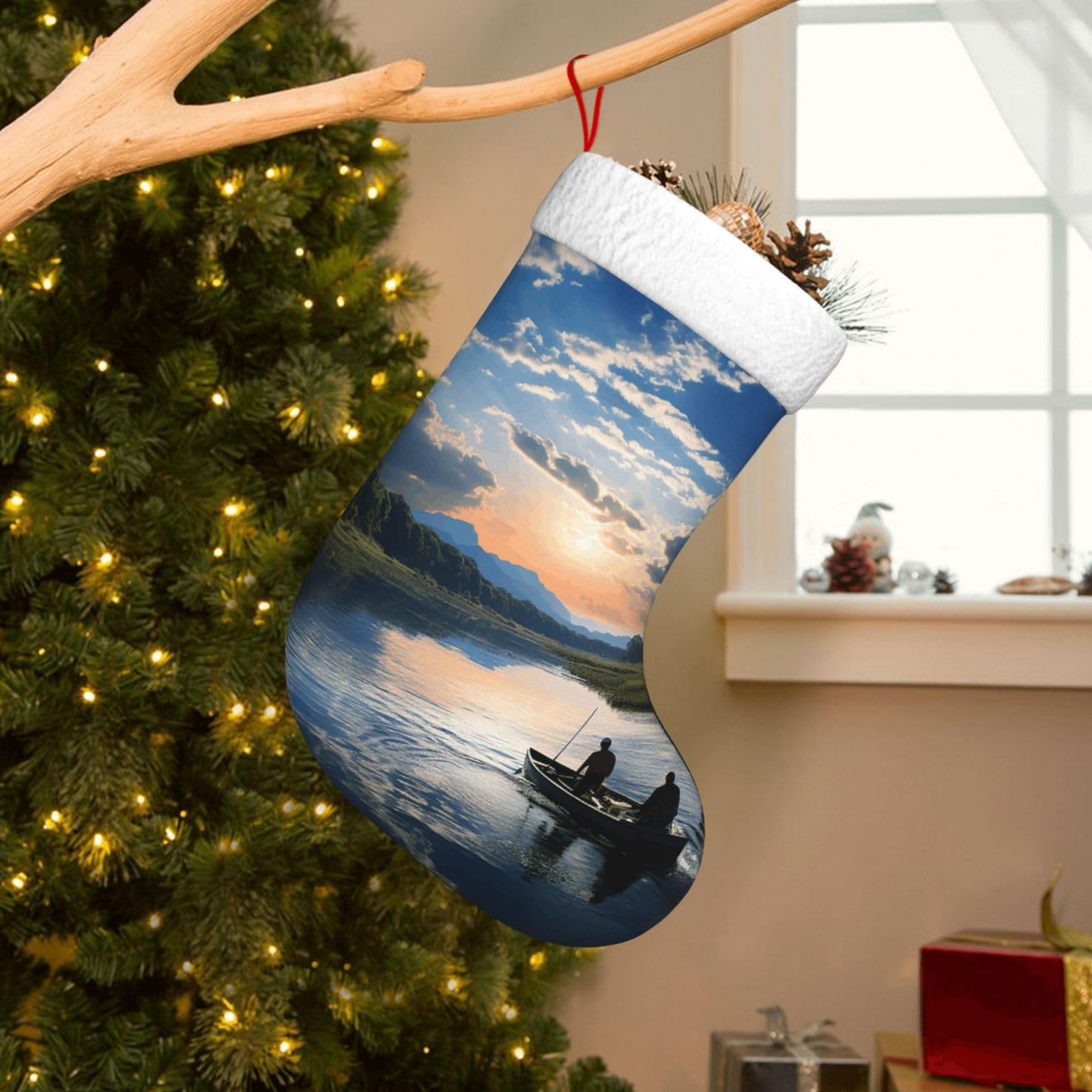 Velvet Christmas Stockings 17.7 Inch, Fishing Scenic Xmas Stocking with Soft Cuff,Classic Personalized Christmas Tree Decoration for Family Holiday New Year Party Supplies