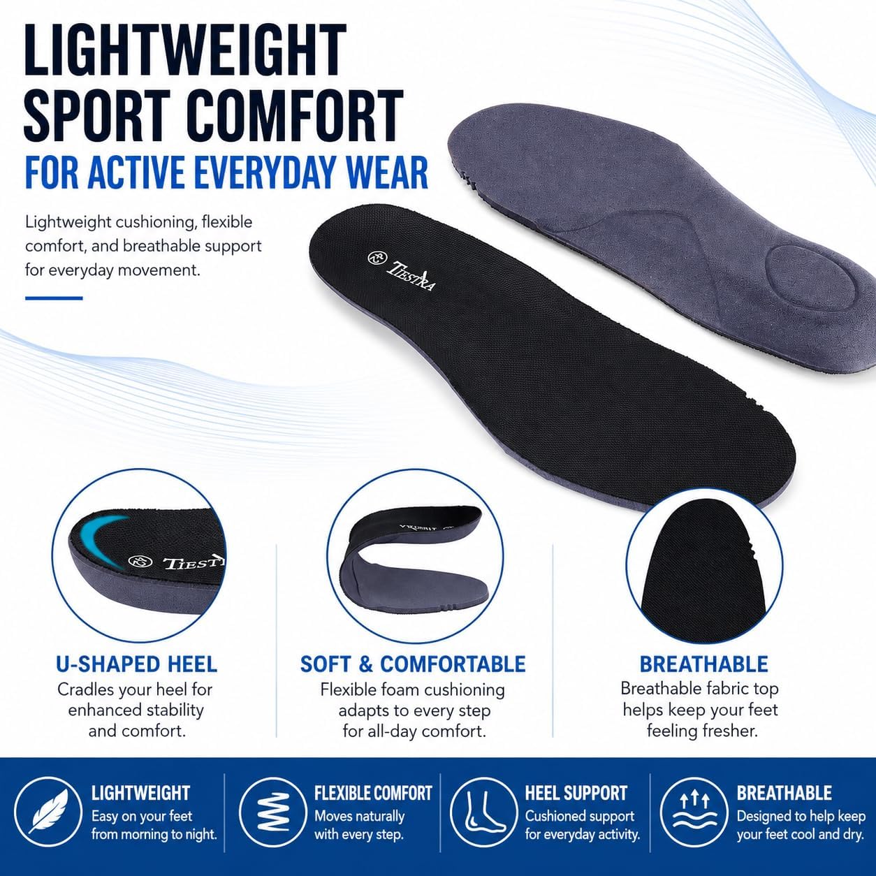 TIESTRA Sport Insoles for Mens Memory Foam Shoe Inserts,Replacement Insoles for Work Boot Sneakers Running Shoes-Shock Absorption and Cushion Comfort Inner Soles for Everyday Use Black 43Eu/US10 image 4