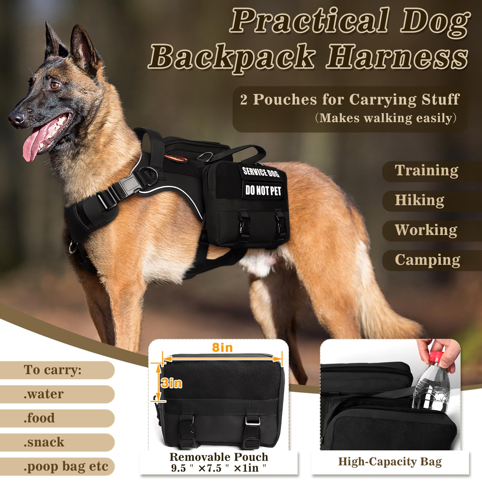 Chaleco para perro de servicio con bolsillos, arnés grande para perro y mochila extraíble para entrenamiento de senderismo, chaleco para mascotas con asa y sistema Molle para parches, color