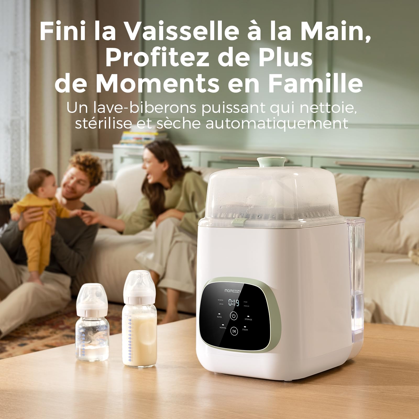 Momcozy Nettoyeur Biberons Haute Pression 2.2kPa, 19 Min, 99.9% Germes | Cycle rapide, Toutes marques, Sans BPA, Bébé, Nouveau-né, Hygiène, Compact, Électrique, Automatique, Cadeau, Lot, Silencieux