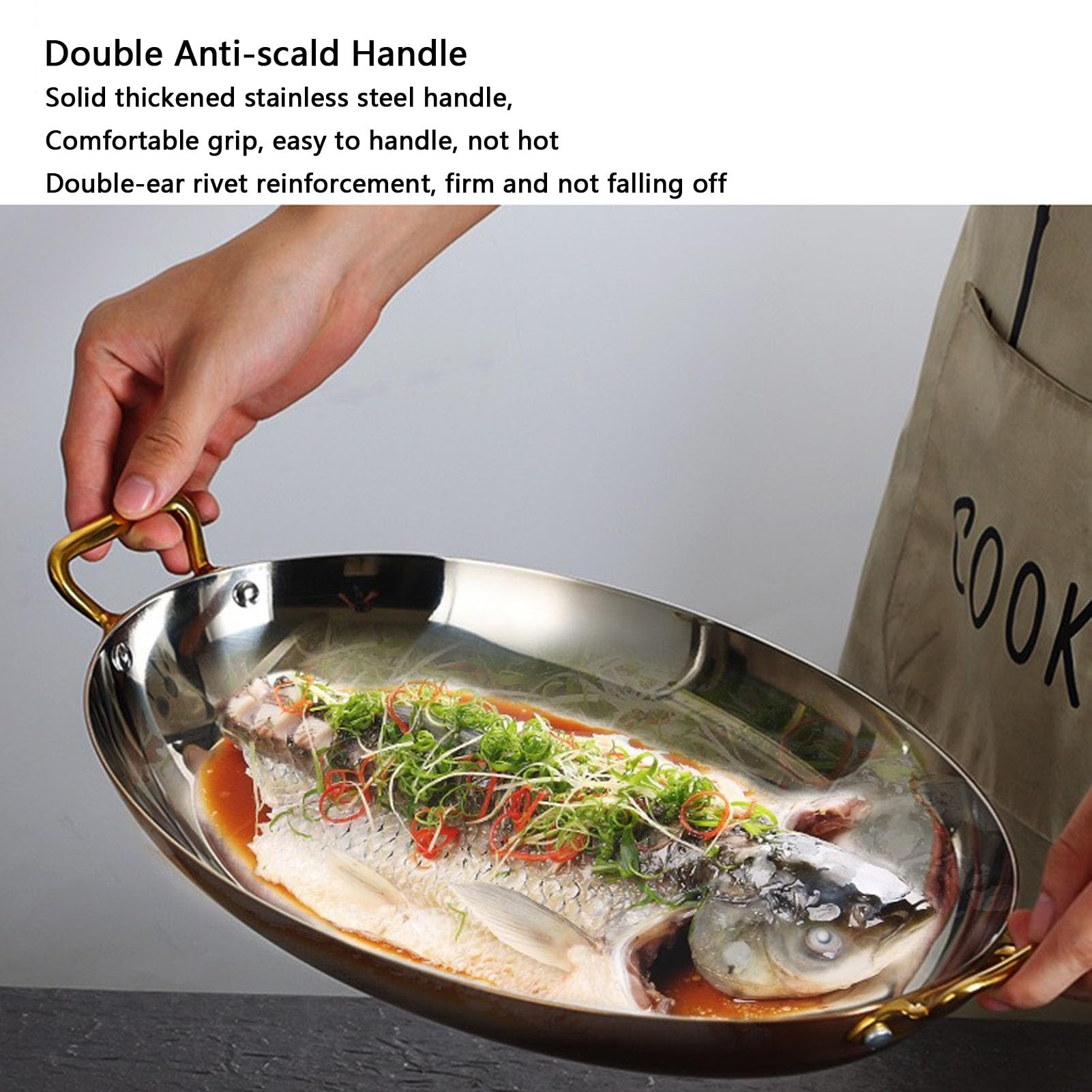 RSBFER Poêle à Paella espagnole Ovale en Acier Inoxydable, Assiette antiadhésive de Homard de Fruits de mer avec poignées Doubles rivetées pour la Maison ou Les Restaurants,C,30cm
