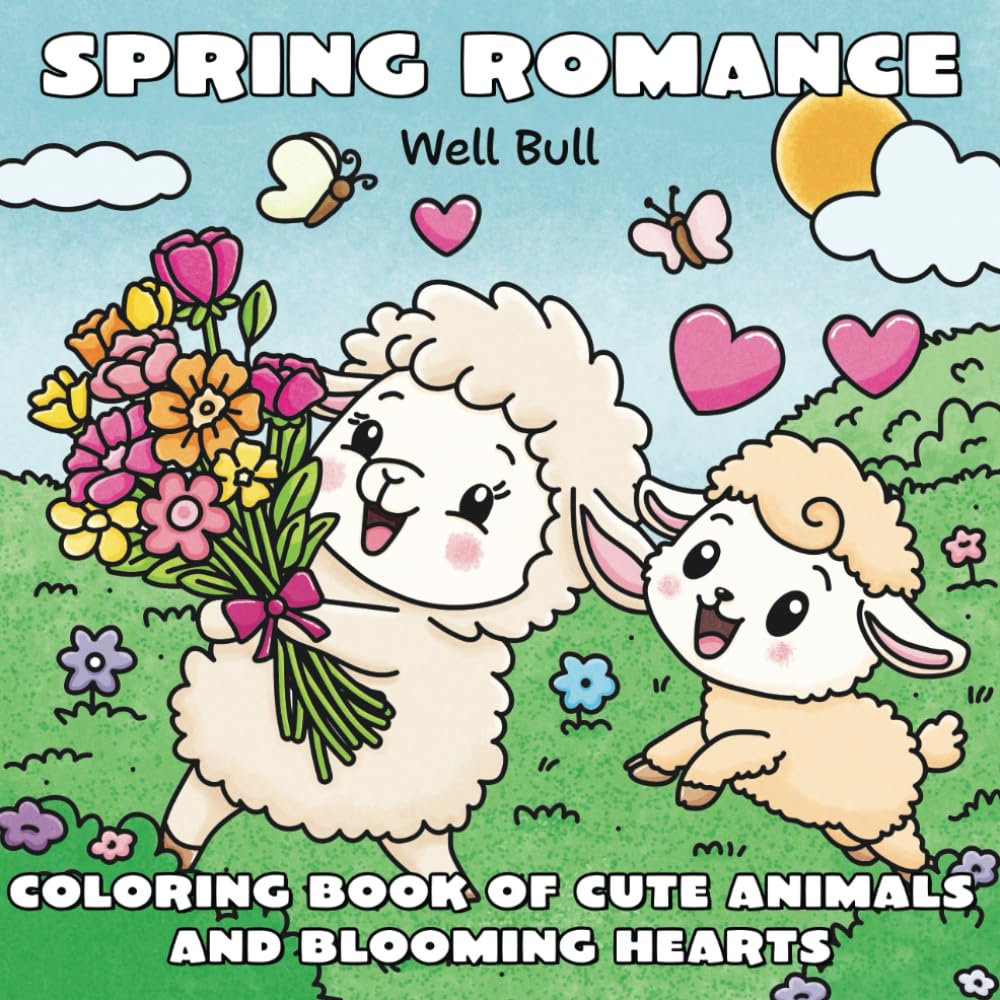 Spring Romance: Coloring Book of Cute Animals and Blooming Hearts for Adults and Kids for Stress Relief & Relaxation