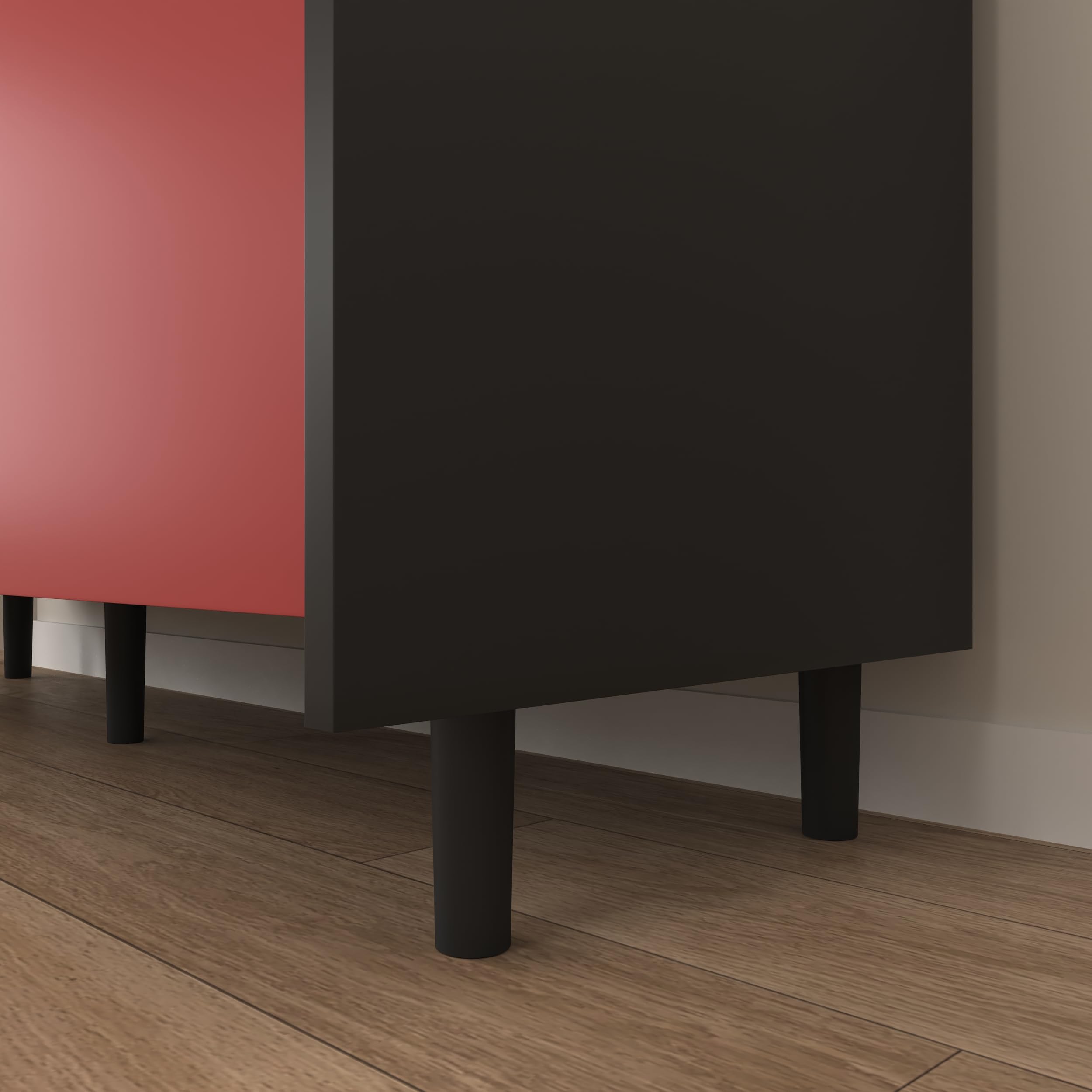REXO Credenza credenza nera con ante rosse, 2 cassetti con pannello unico e 2 scomparti aperti, moderno armadietto da caffè per cucina