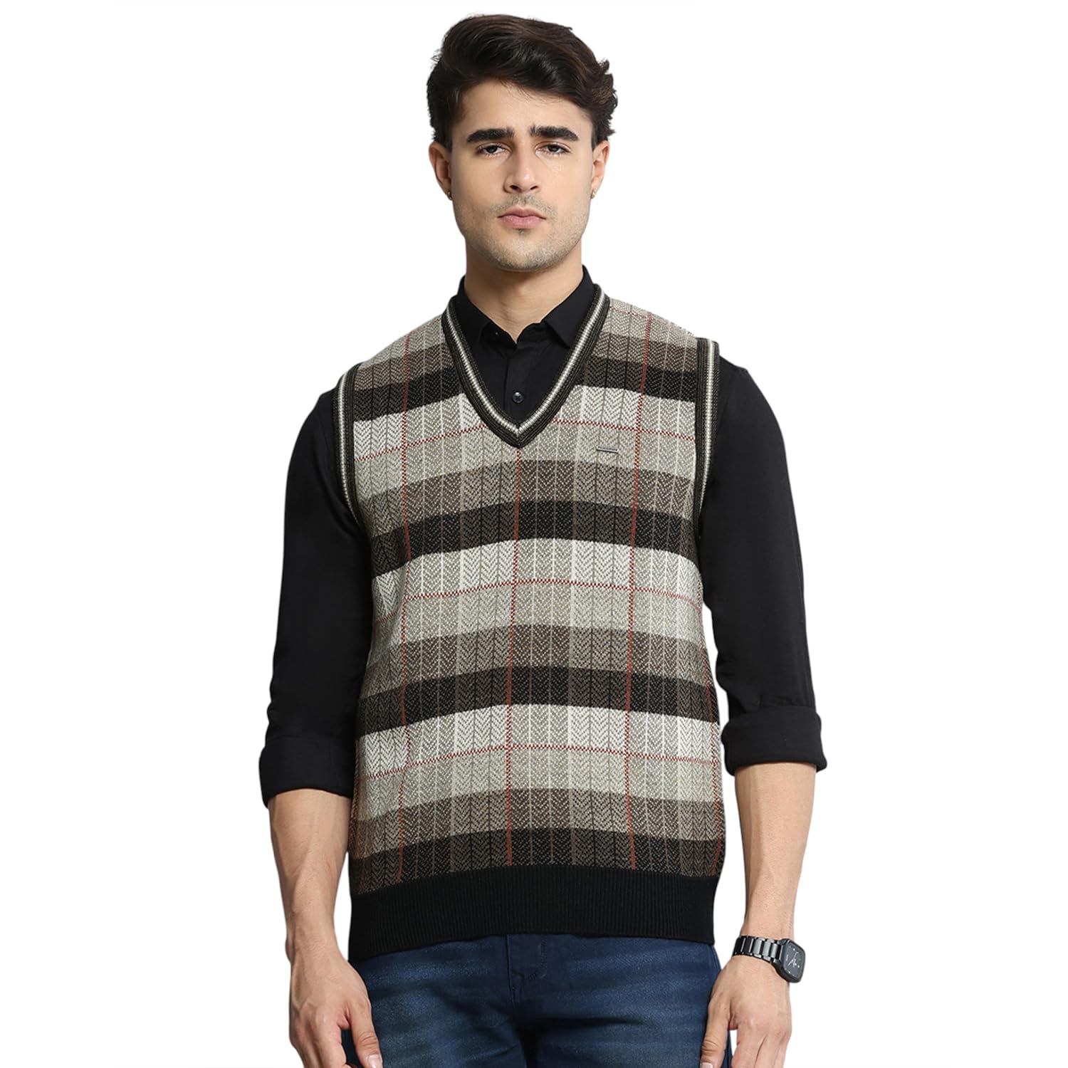 cloak & decker by Monte Carlo Men Regular Fit Striped Pattern V Neck Pull On Sleeveless Winter Men Sweater (Pack of 1)-picture-25
