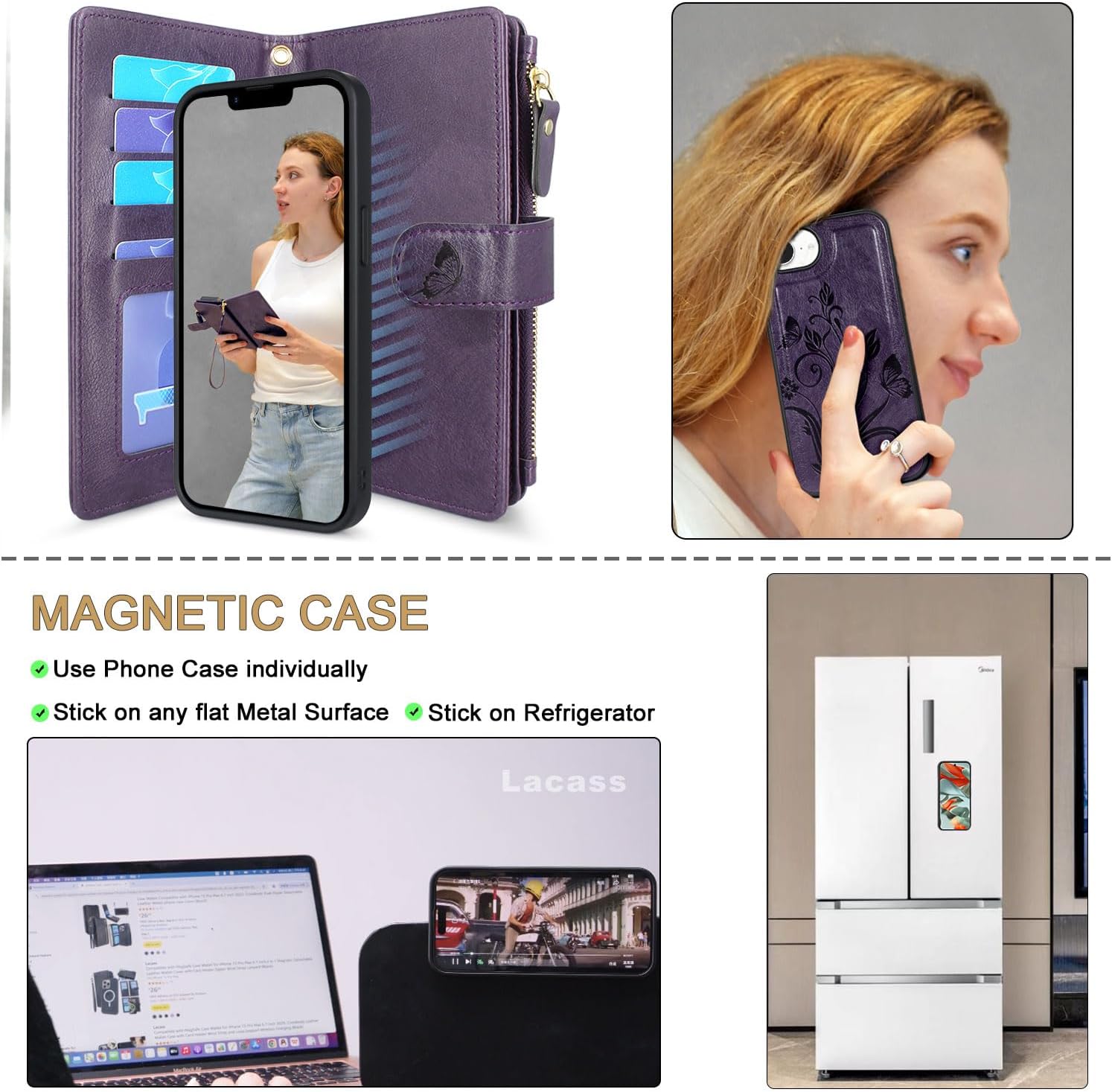 Lacass Case Wallet Compatible with iPhone 16e/17e, [12 Card Slots] ID Credit Cash Holder Zipper Pocket Detachable Leather Wallet Cover with Wrist Strap Lanyard（Floral Dark Purple）