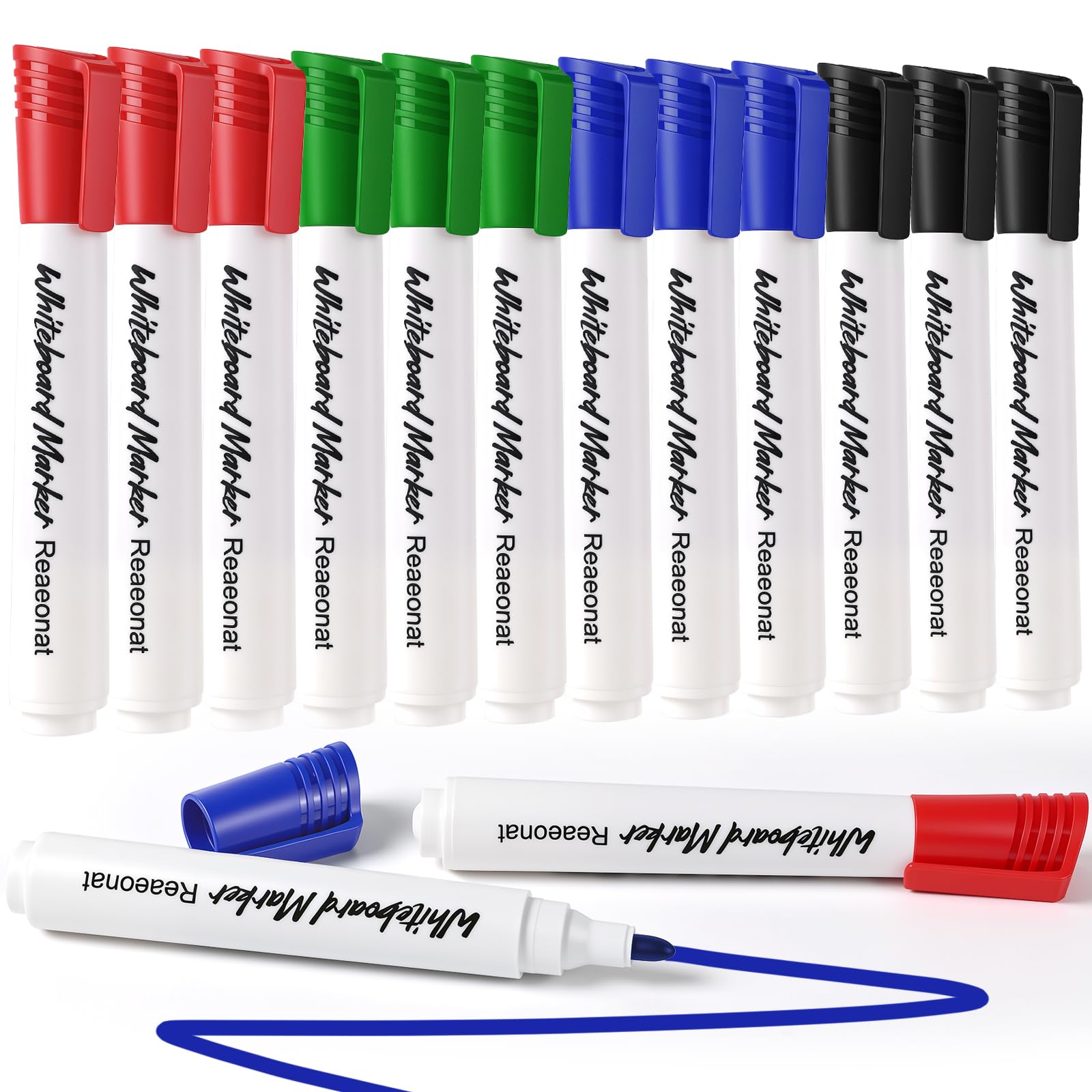 Reaeonat Whiteboard Marker Pens, 4 Assorted Colors Bullet Tip Dry Erase Markers, Low Odour Vivid Colour Dry Erase Marker Pen for Home Office Supplies (Pack of 12)