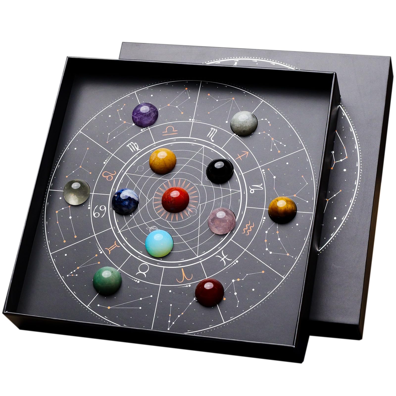 RJINGSHI 12 Zodiac Crystals Gift Set, Constellation Stones Healing Crystal Spheres with Star Sign Guide Box, Astrology Horoscope Birthday Gifts for Women Men
