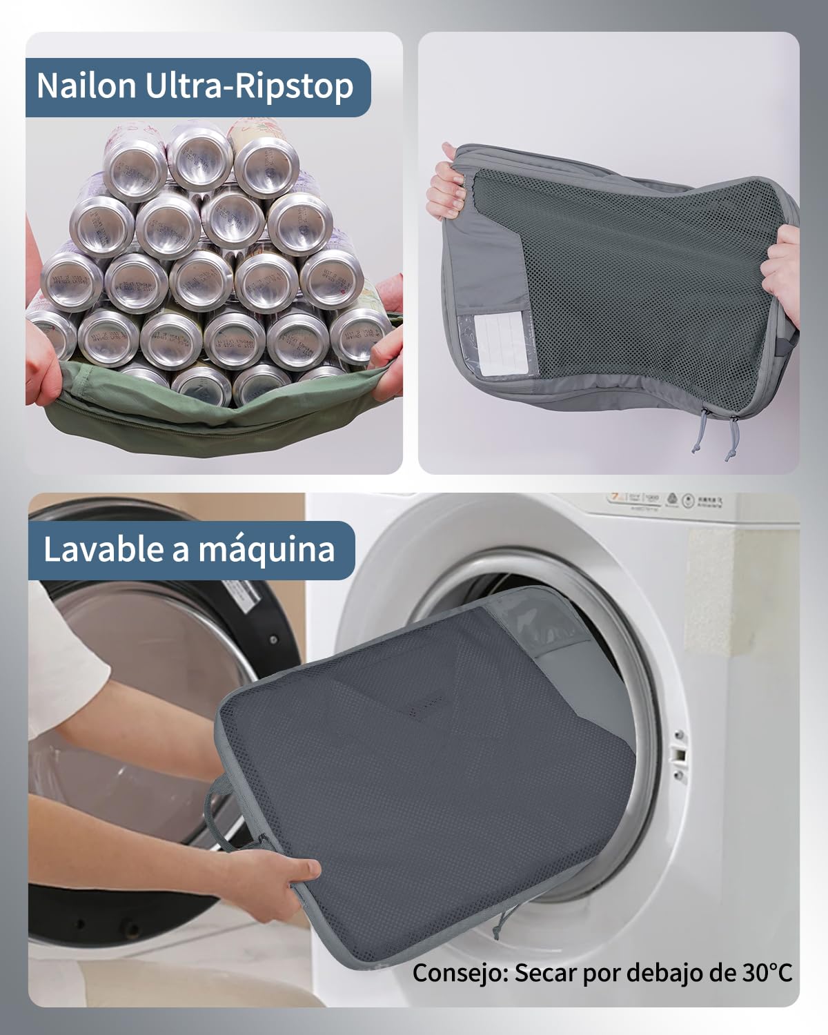 ECOHUB Compresión Organizadores para Maletas, 4 Piezas Bolsas de Viaje Recicladas para Mochila con Etiqueta, Organizador Resistente a Desgarros para Equipaje de Mano,Gris