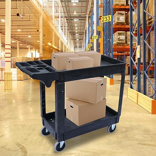 Miniatura 7 de Carrito de servicio utilitario de 2 estantes, carrito de trabajo rodante de plástico, mango de almacenamiento ergonómico, carrito de herramientas