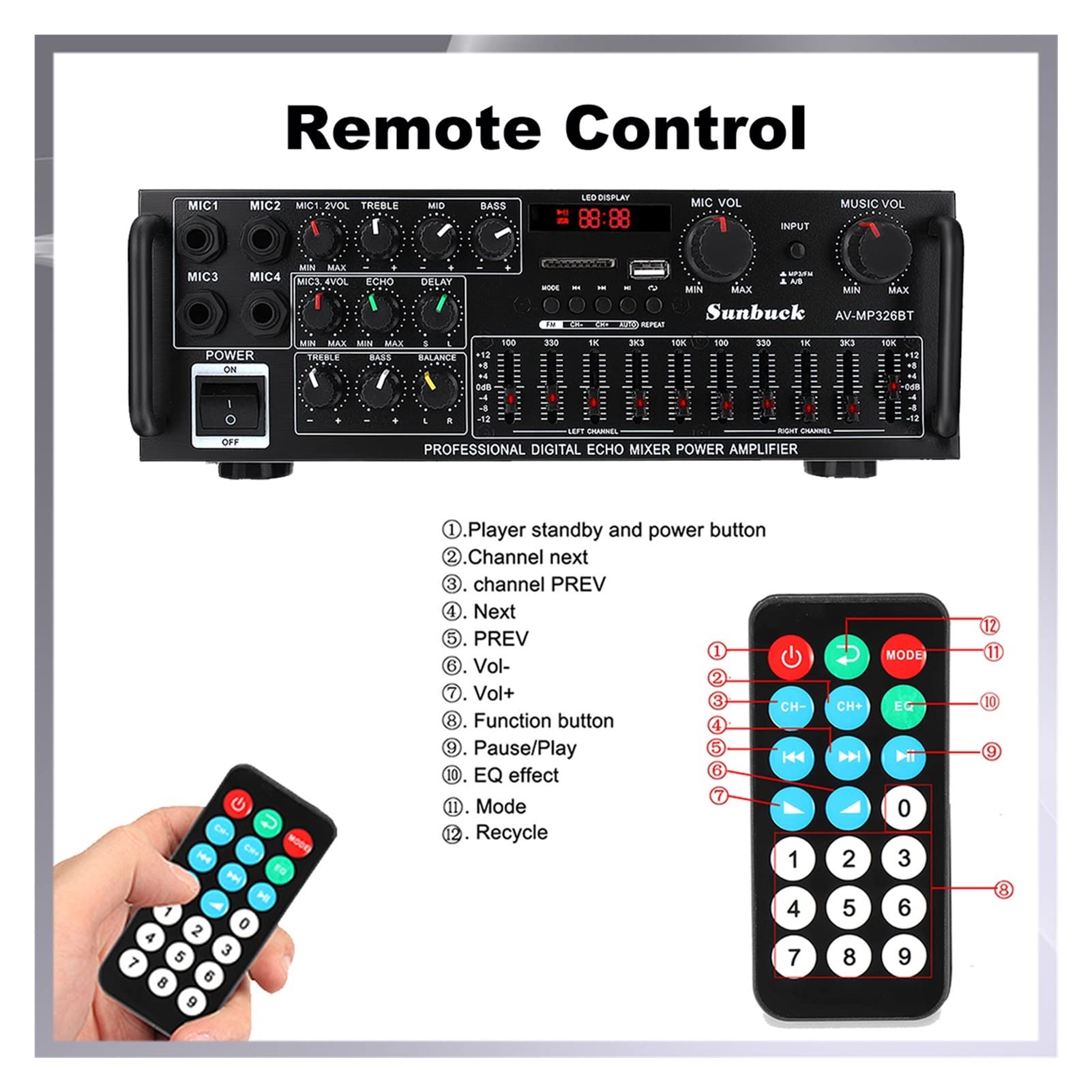 2000W 5.0 Bluetooth 2 canal Audio Power HiFi Amplificador 32 6BT AV Altavoz AMP con control remoto 4 Micro for el hogar.