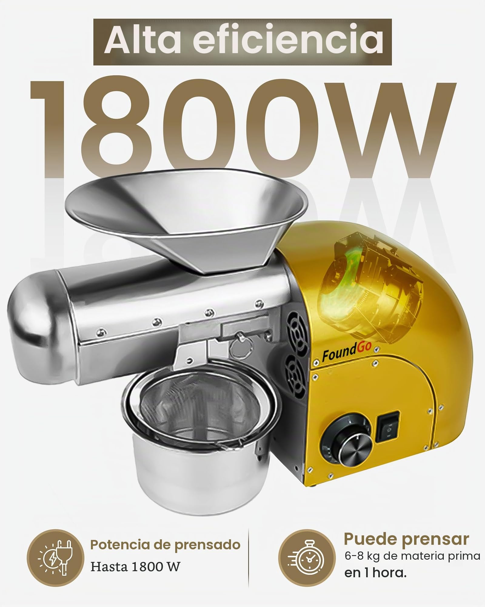 FoundGo - Prensa de aceite eléctrico (1800 W, 0 – 300 ℃, máquina de prensa de aceite en frío caliente, máquina para nueces, cacahuetes, semillas sésamo, almendra, 6 – 9 kg/hora (dorado)