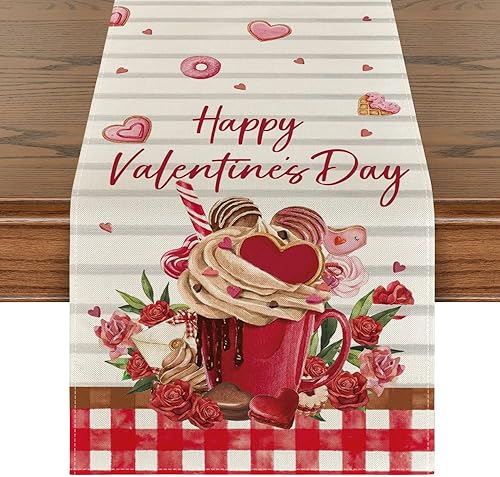 Artoid Mode Camino de mesa con flores de chocolate a cuadros de búfalo para el día de San Valentín decoración de mesa de comedor de temporada para