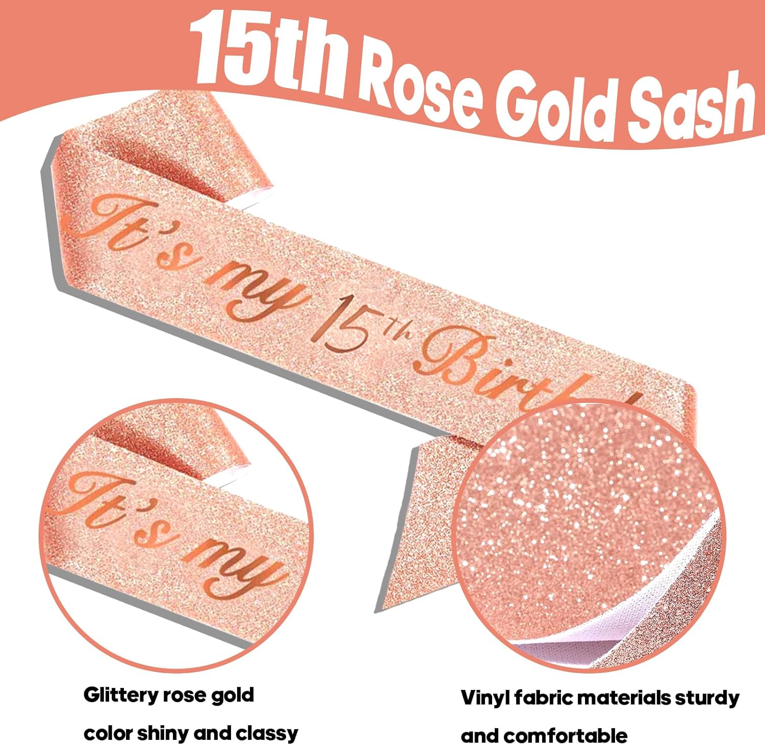 Hysilla 15th Birthday Decorations - Rose Gold Sash, Crown, Cake Topper, Balloons, Pin & Candle Set - Image 3