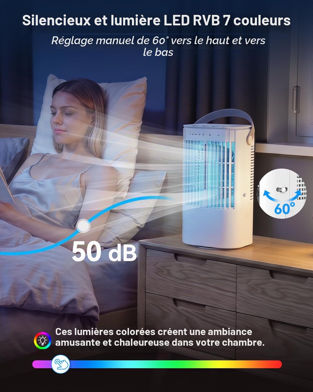 Refroidisseur d'air 4 en 1, mini climatiseur portable avec réservoir 900 ml, 3 vitesses, 2 modes de nébulisation, minuterie 2H/4H, oscillation 90°, USB-C, 7 lumières LED, idéal pour chambre/bureau