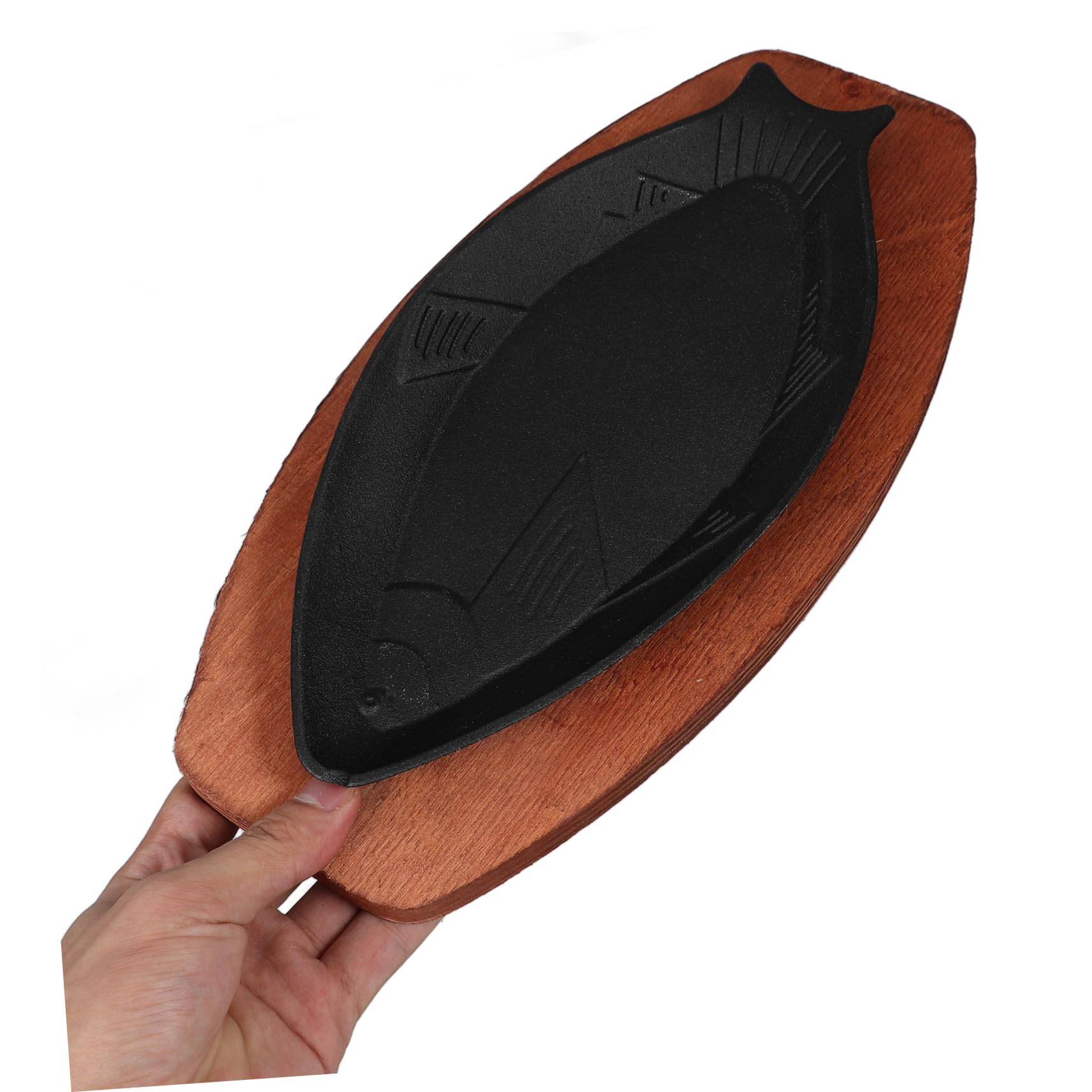 PRETYZOOM Bandeja para Asar Forma Pescado 33,5x16,5x2,5 Cm Hierro Fundido Sartén Antiadherente para Barbacoa Hogar Base de Madera Segura