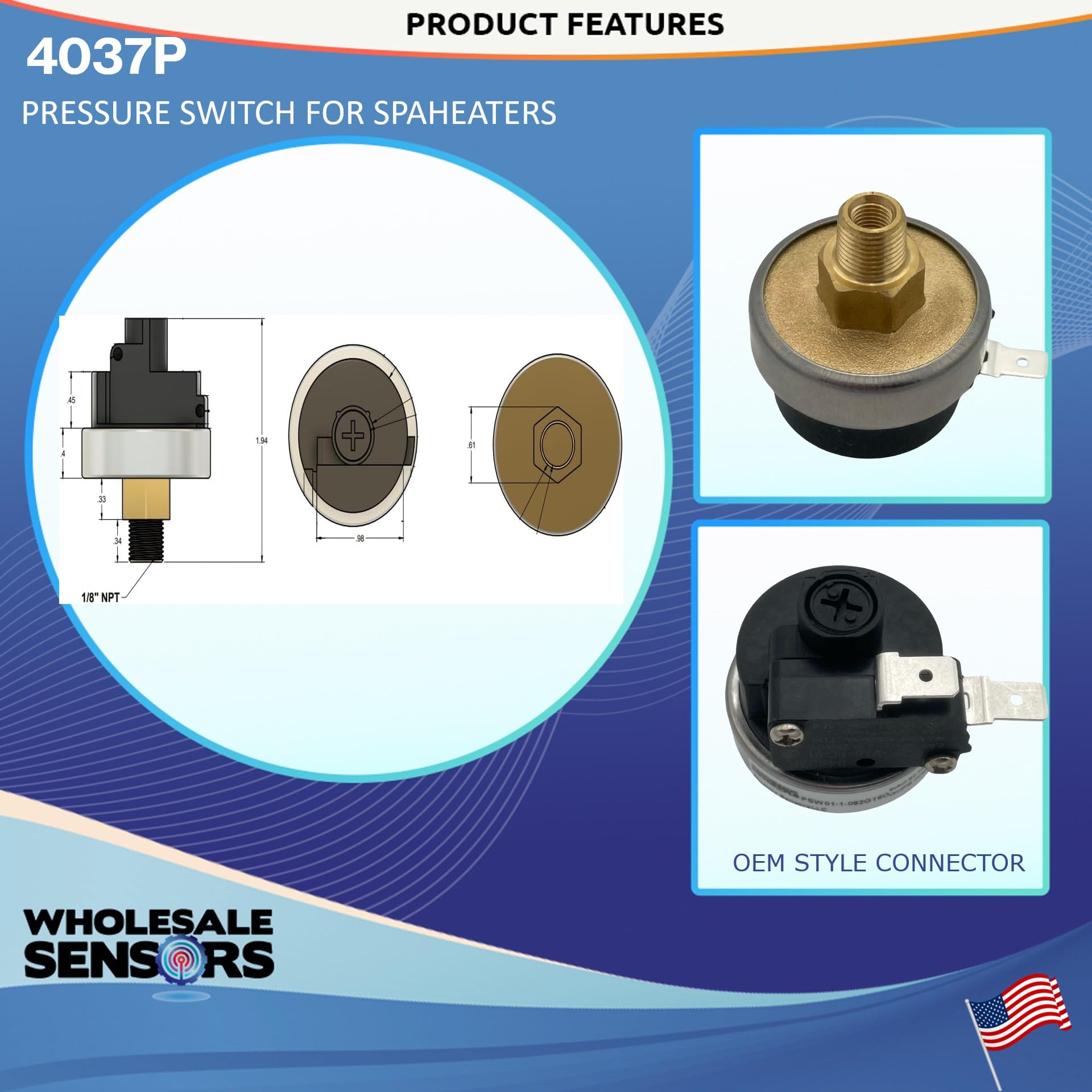 Wholesale Sensors Interruptor de presión alternativo de repuesto para TecMark 4037P, 16A, 1/8" MNPT, SPST para calentadores de spa