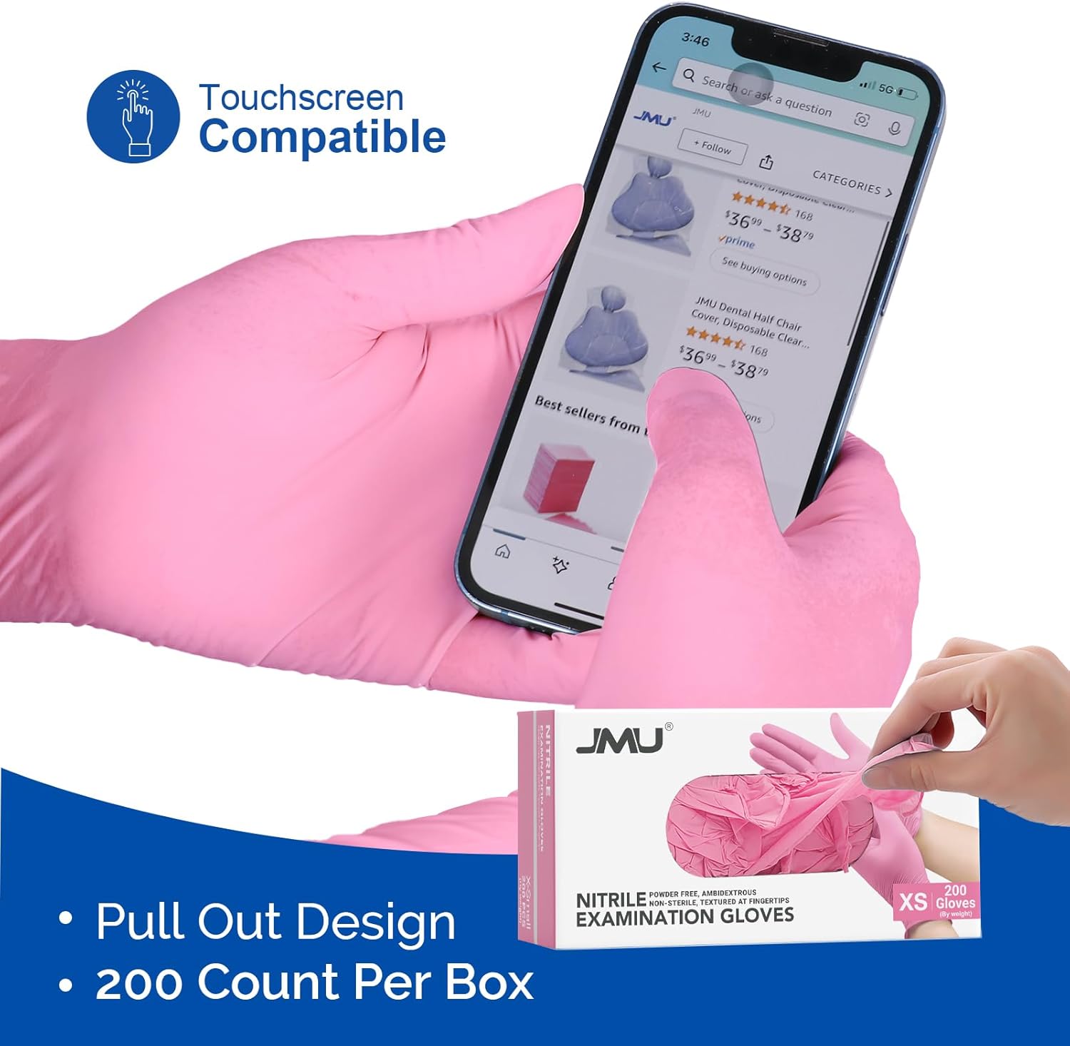 JMU 200 Nitrile Exam Gloves, 3.5Mil, Powder-Free Latex-Free Disposable Non-Sterile Protective Gloves, 1200/2000/4000 Count