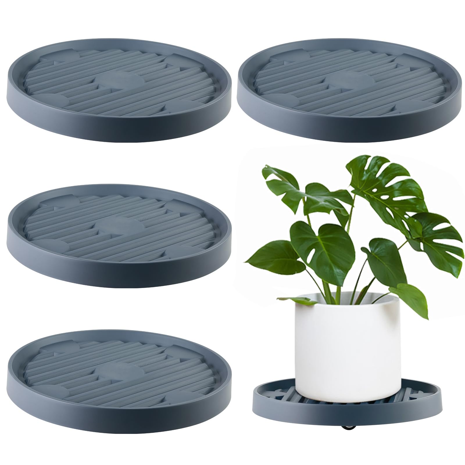 4 Packs 12" Plant Caddy with Hidden Wheels Rolling Plant Stands Heavy-Duty Movable Plant Dolly Pot Saucer 360° Plastic Plant Roller Base with 4 Invisible Casters for Indoor Outdoor Plants, Dark Grey
