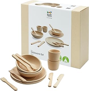 PlanToys® Pretend Play Wooden Tableware Set for Kids | 16-Piece Montessori Kitchen Toy Set with Plates, Cups, Bowls & Utensils | Eco-Friendly, Non-Toxic Toy for Toddlers & Preschoolers