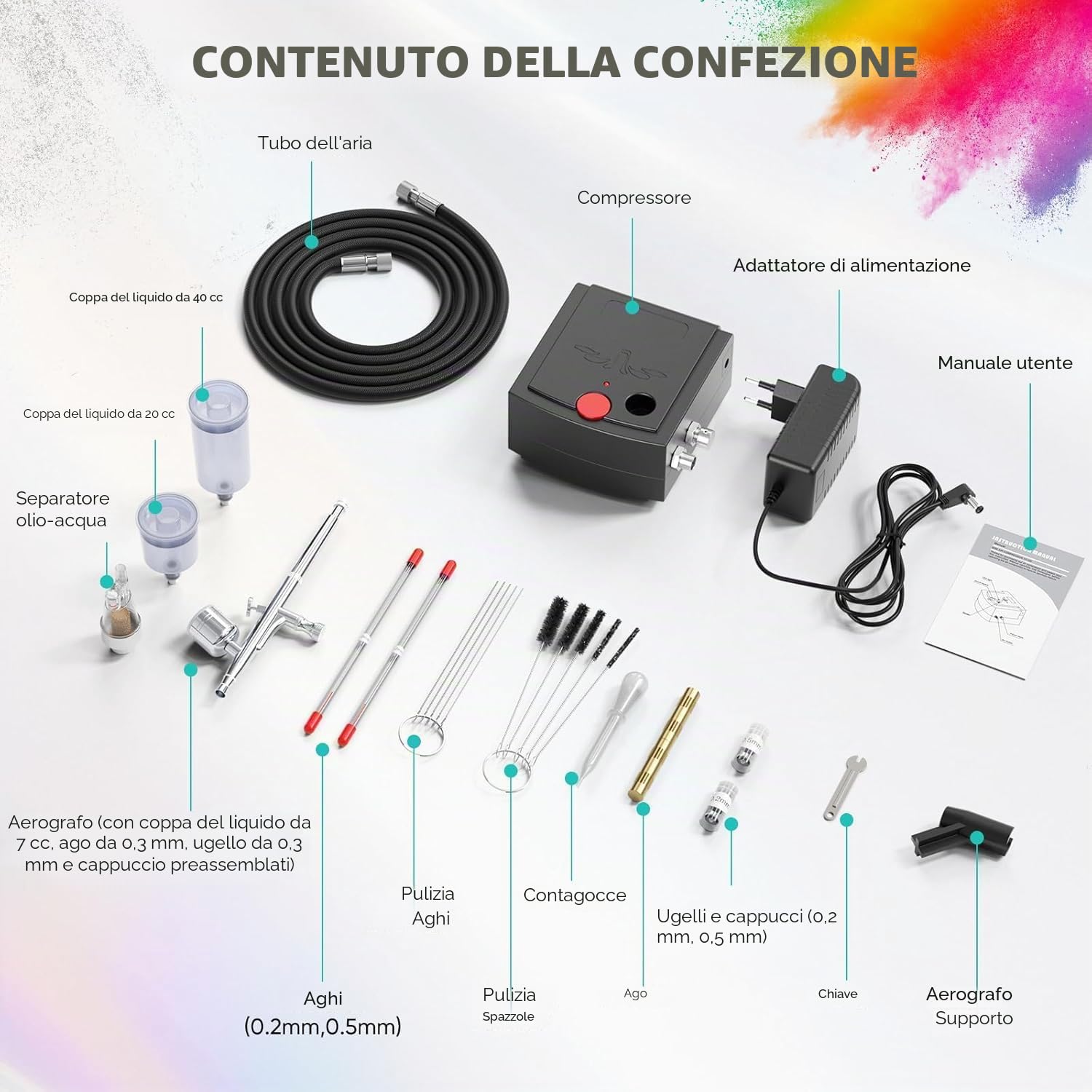 Kit aerografo 40 PSI con compressore a doppia azione per decorazione di torte, trucco, artigianato, nail art, modellazione di tatuaggi, pittura