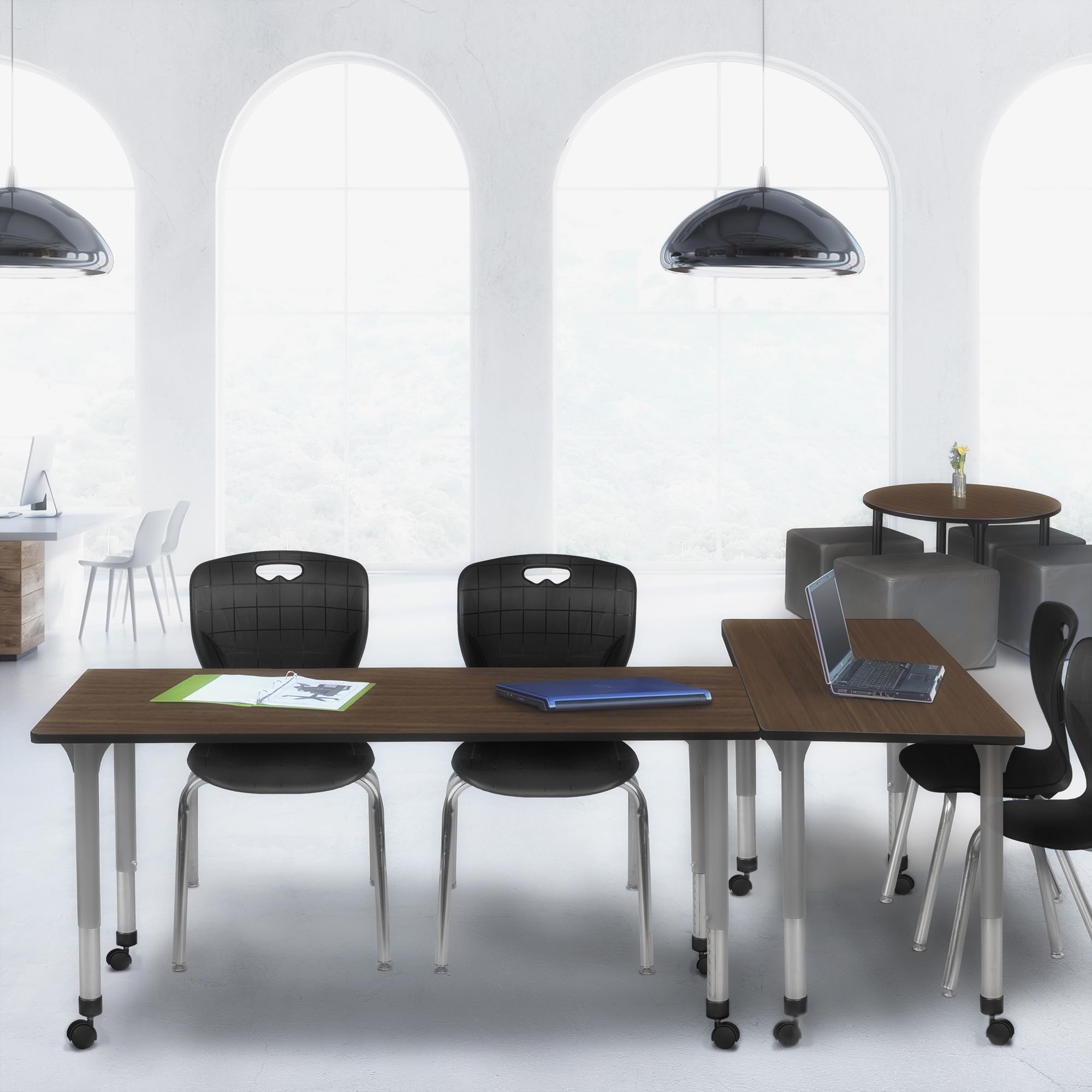 Regency Kee 72 x 24 in. Height Adjustable Mobile Classroom Activity Table- Neo Walnut Top & Grey Base