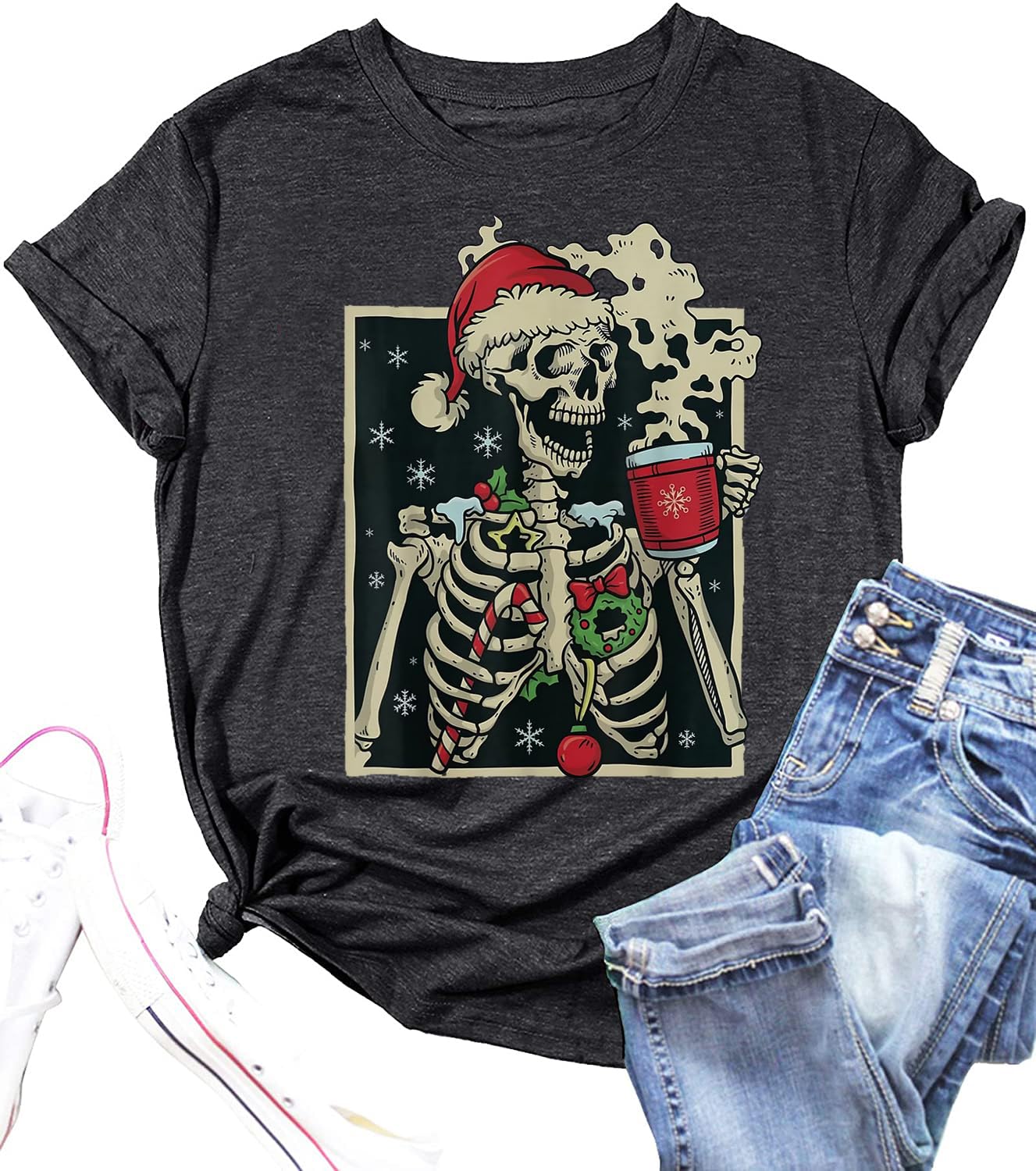 Dead Inside Skeleton Christmas Shirt Women Novelty Skull Coffee Graphic Tee Tops Coffee Lover Xmas Gift Tshirt
