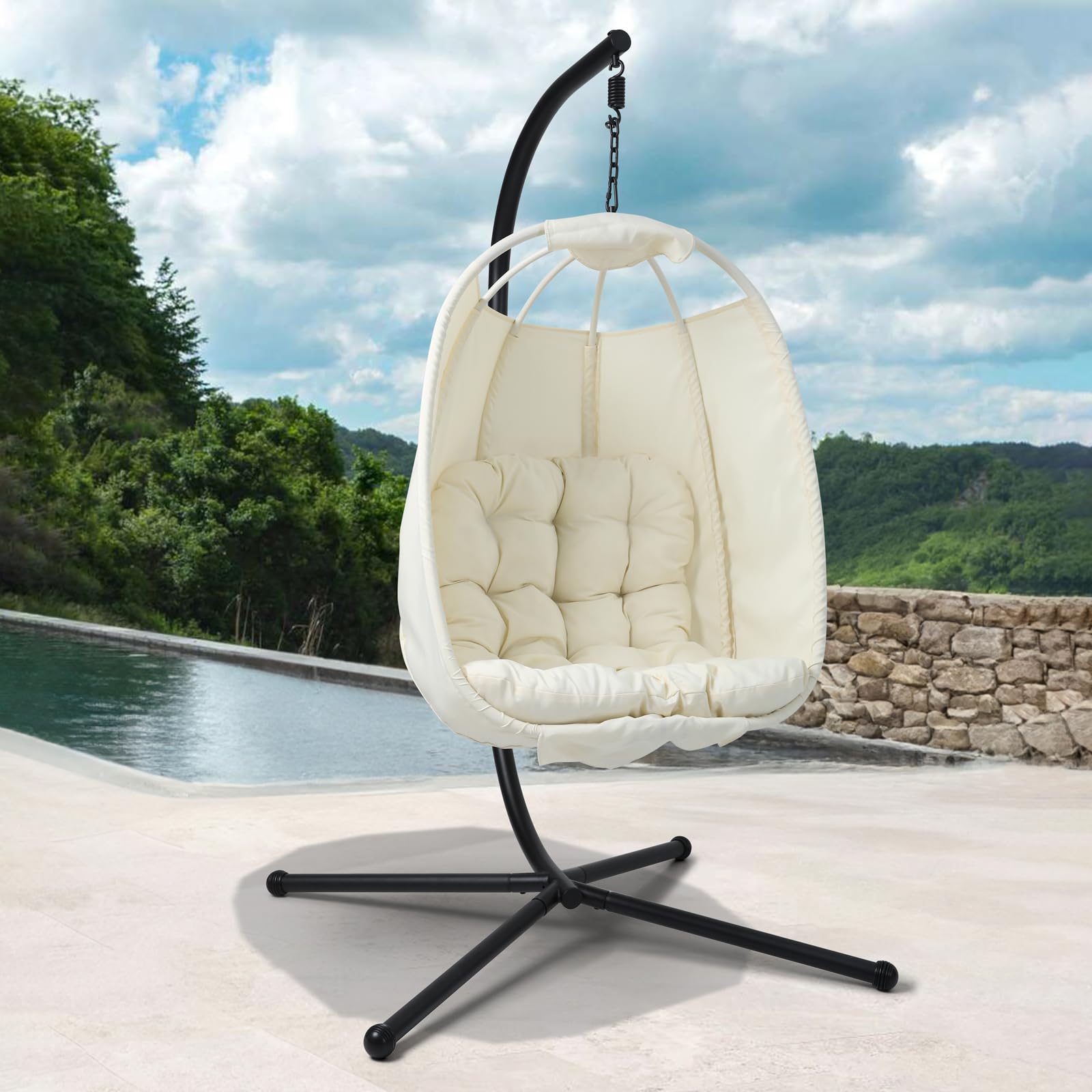 SVITA Nelly Hängesessel mit Gestell Loungesessel Hängesitz Hängestuhl klappbar Hängekorb Hängeschaukel Outdoorsessel Beige