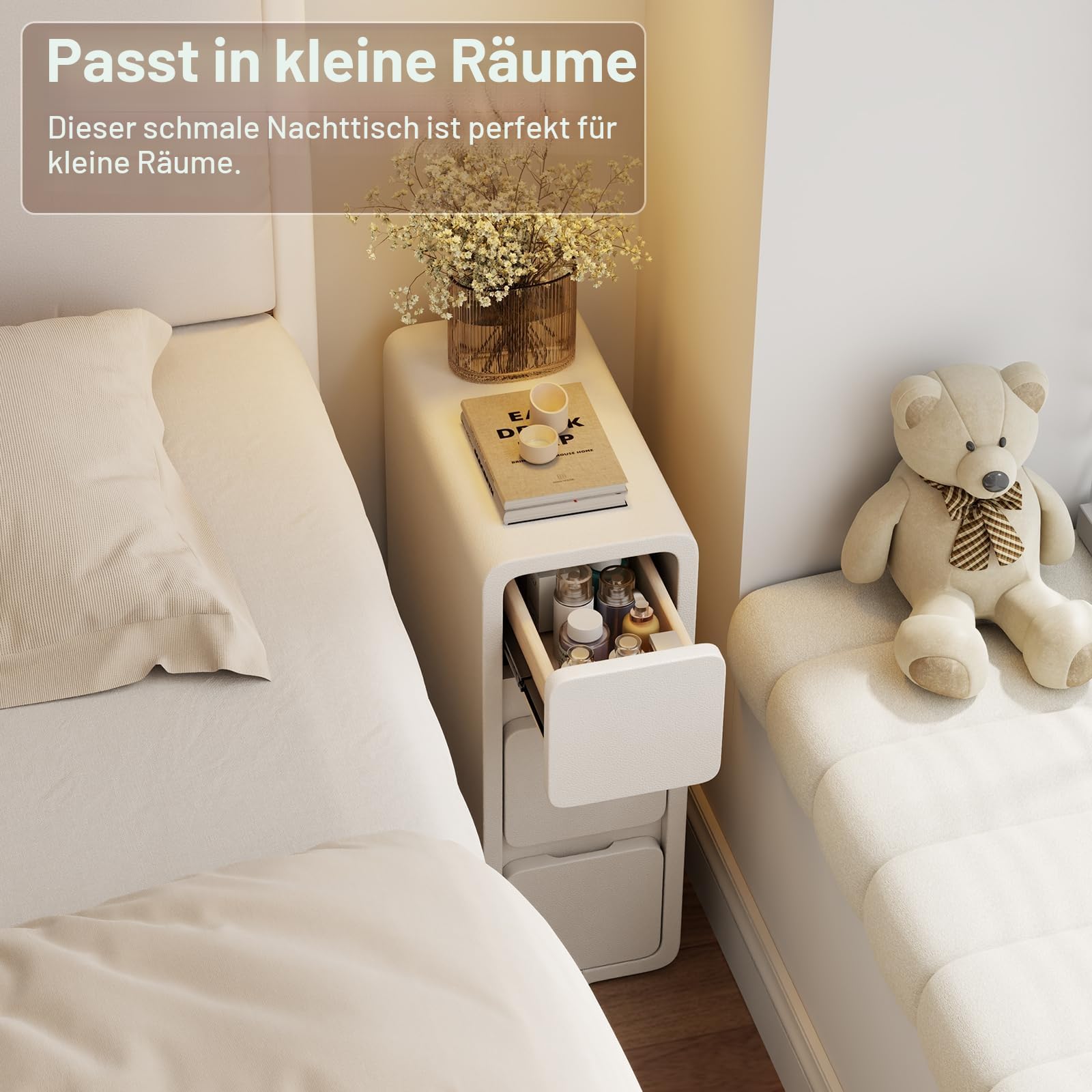 AQIMUELE Nachttisch, Schmal, Beistelltisch mit 3 Schubladen, Narrow Nightstand, Installationfrei, Kunstleder, für Schlafzimmer, Wohnzimmer, Breite 20 cm (weiß)