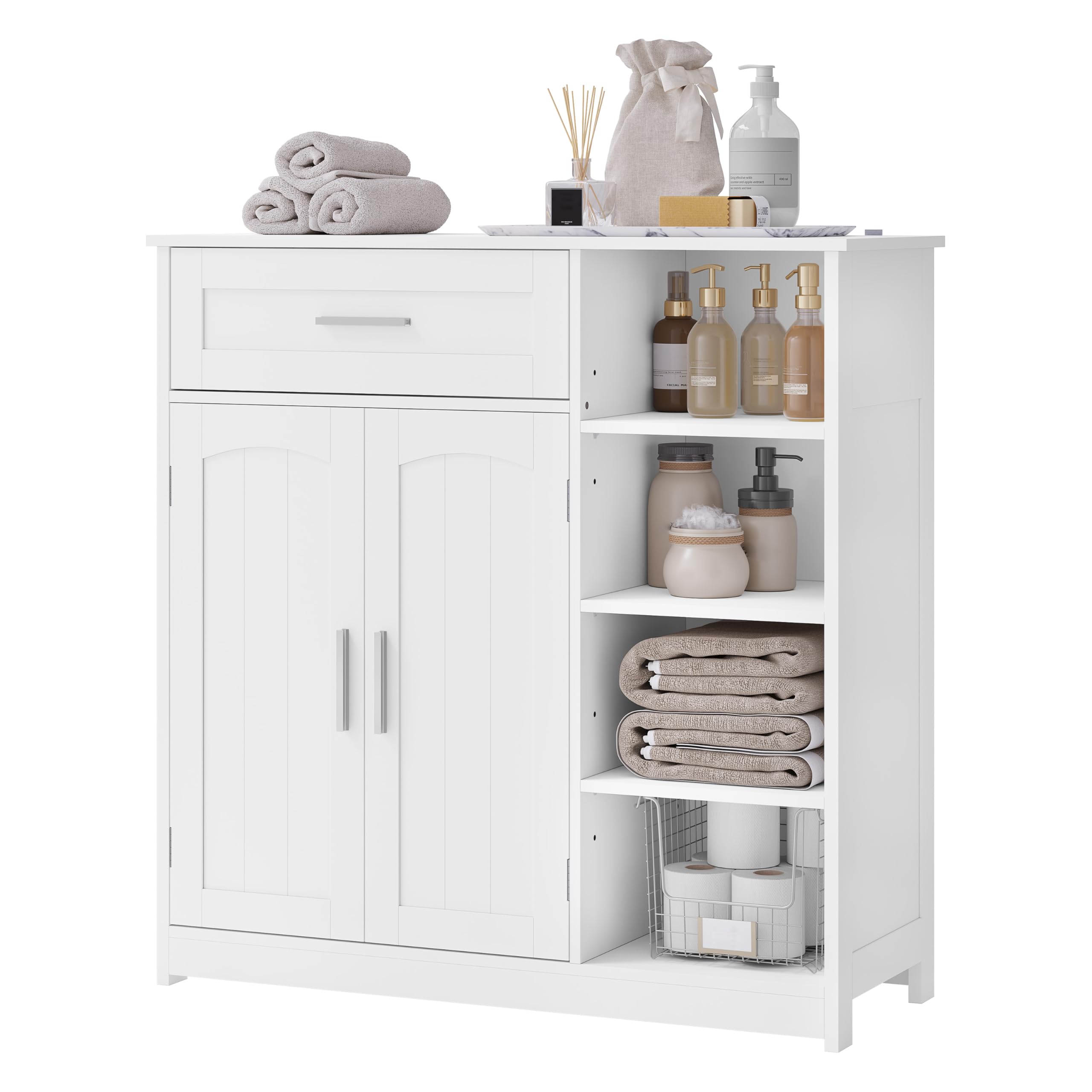 EUGAD Armario de Baño Blanco, Mueble Baño con Puertas, Cajon y Estantes Ajustables, Armario de Almacenaje de Pie, Mueble Auxiliar Almacenamiento Multifuncional, 80x30x80,5 cm