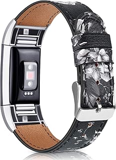 Vancle Bands Compatible with Fitbit Charge 2 Bands, Classic Genuine Leather Wristband Replacement with Stainless Steel Connector for Charge 2 Fitness Activity Tracker Women Men Small Large Size
