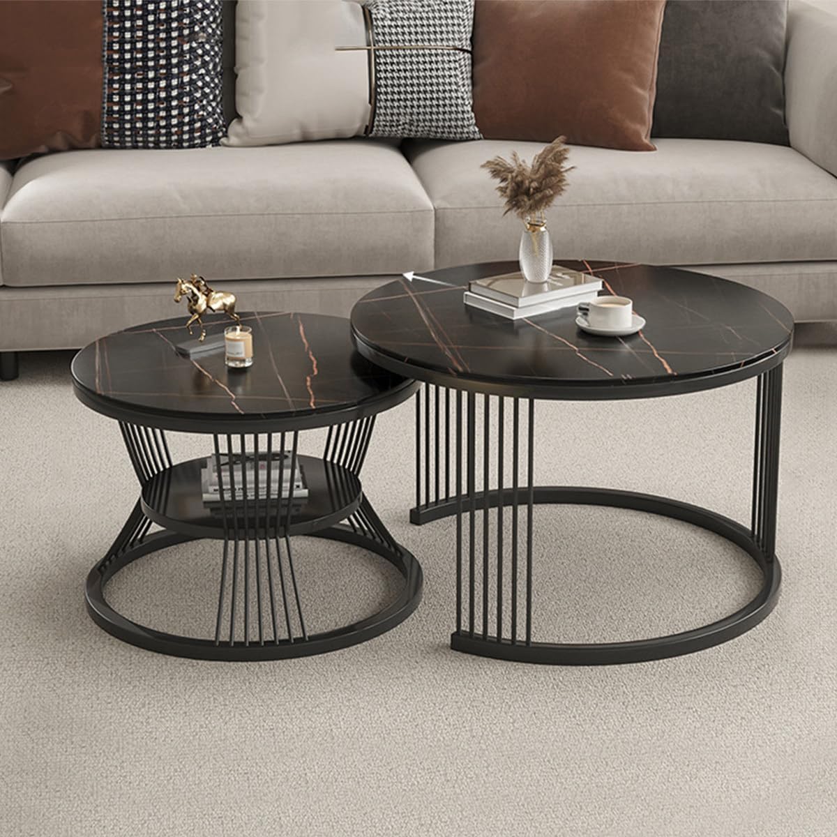 Elegant Iron Frame Coffee Table | Set of 2 Center Table | Faux Marble Top Teapoy End Table | Snacks Side Table for Living Room Bedroom or Apartments (Full Black)-image-22