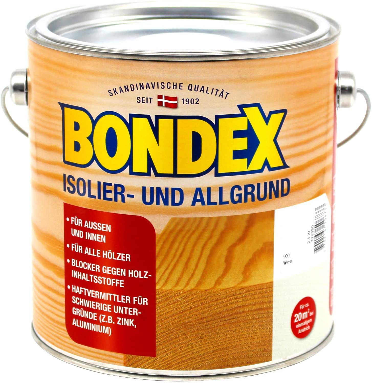 Bondex Isolier- und Allgrund Weiß 2,5 L für 20 m² | Schutz vor Verfärbungen | Haftvermittler für schwierige Untergründe | Blocker gegen Holzinhaltsstoffe | Matt | Grundierung | Holzgrundierung