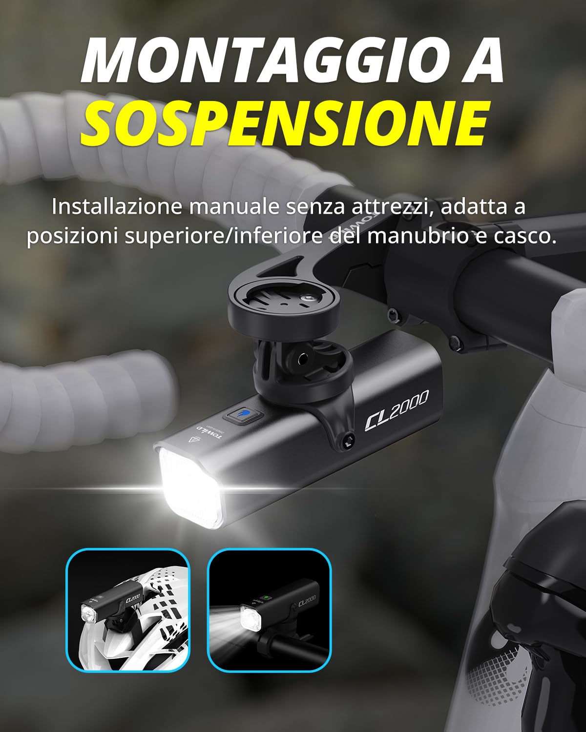 TOWILD CL2000 Luci Bici 2000 Lumen Luce Bicicletta LED USB-C Ricaricabile da 5000mAh,Super Luminoso Antiabbagliante Luce per Bici Strada e Montagna, Impermeabili IPX6 Fanalini Anteriori Bici