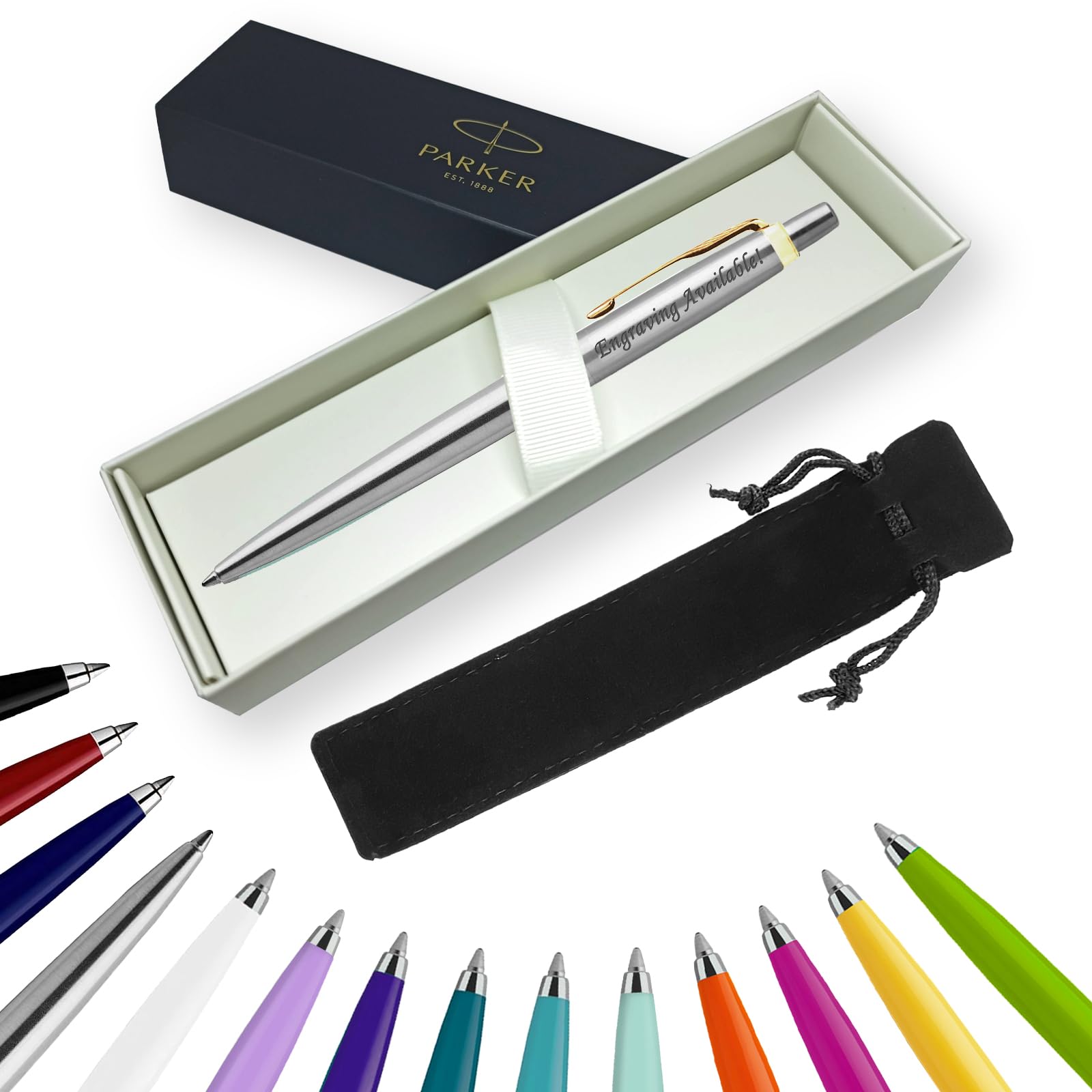 Parker Jotter Ballpoint Pen Handwriting Pens & Stationery Supplies - Ideal for Christmas and Gifts Can be Engraved! (With Engraving, Stainless Steel w' Gold Trim, Ribbon Gift Box)