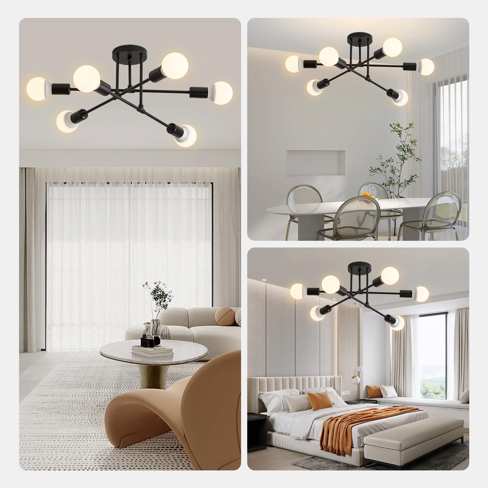 YOODI Lampadario Industriale, 6 Luci Plafoniera Sputnik Vintage, E27 Moderno Lampada da Soffitto in Ferro Nero per Camera da letto, Soggiorno, Sala da Pranzo, Diametro 52cm (Lampadina non inclusa)