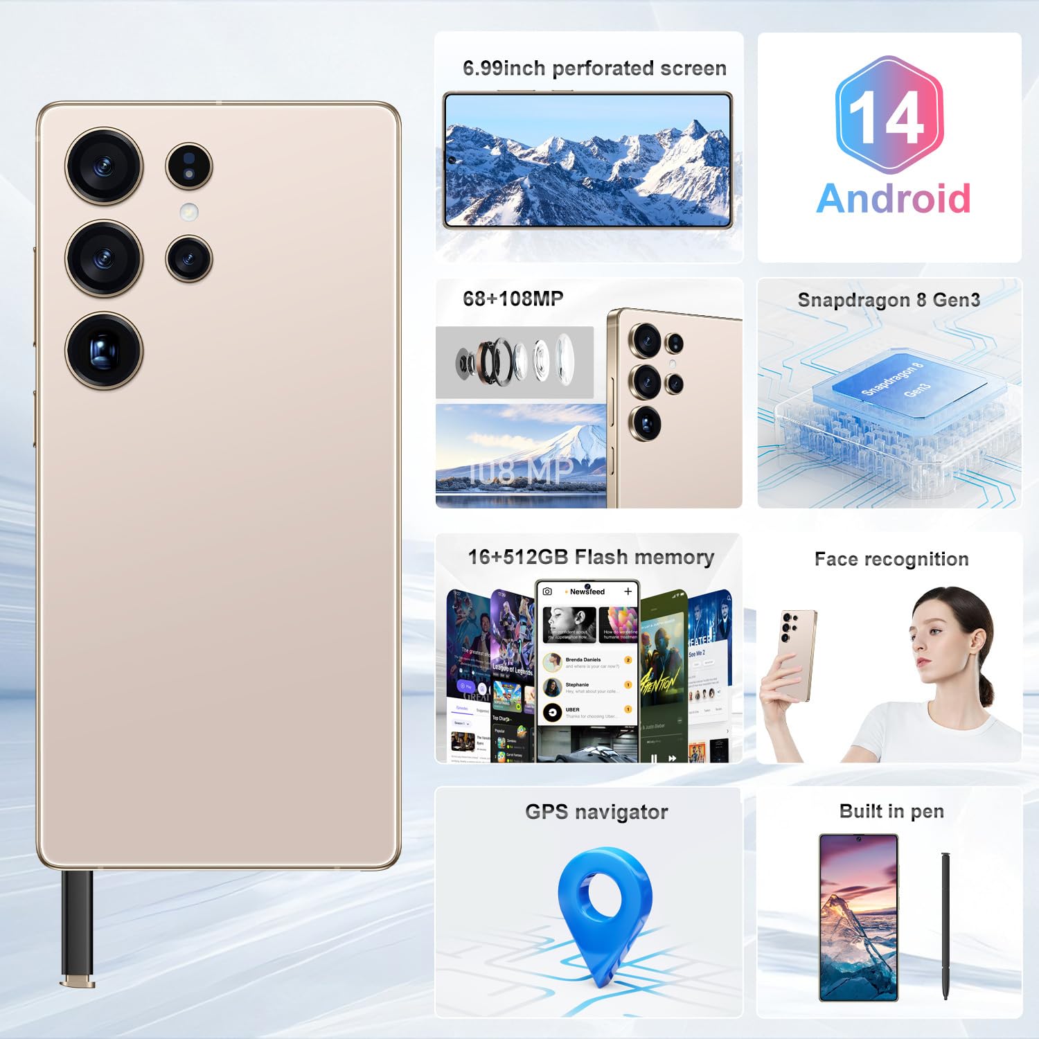 I25 Ultra Unlocked Smartphone,16+512GB Unlocked Phone,6.9" HD+ Display,Built in Pen,Snapdragon 8 Gen3 7000mAh Dual Speakers 5G/Face ID/Fingerprint Lock/Dual SIM/GPS (Desert Titanium)