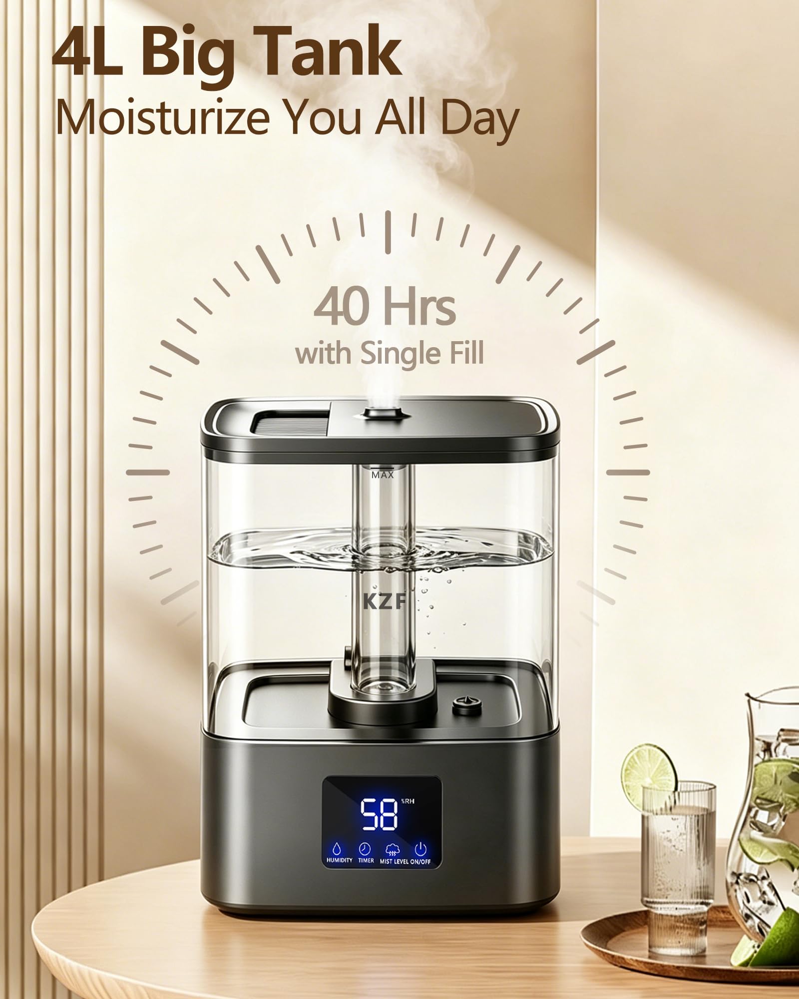Humidificadores de relleno superior de 4 litros para recámara y tiempo de funcionamiento de 60 horas, humidificador de niebla fresca, 3 niveles de niebla, temporizador de 8 horas, bandeja de aceite